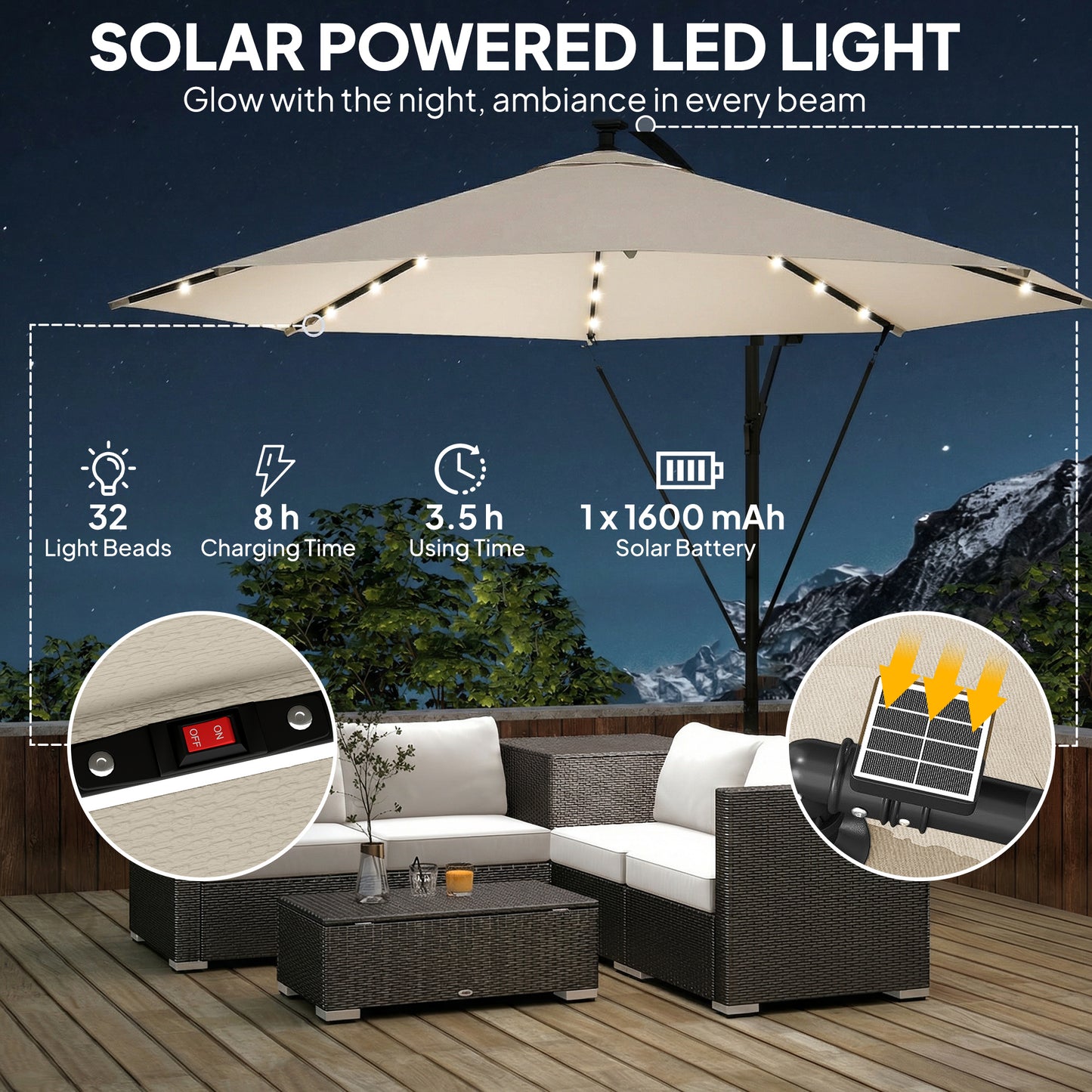 3 m Cantilever Parasol with Solar LED Lights Garden Umbrella