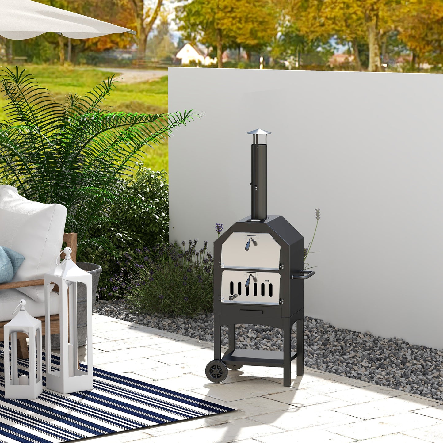 Outdoor Garden Pizza Oven Charcoal BBQ Grill 3-Tier Freestanding w/