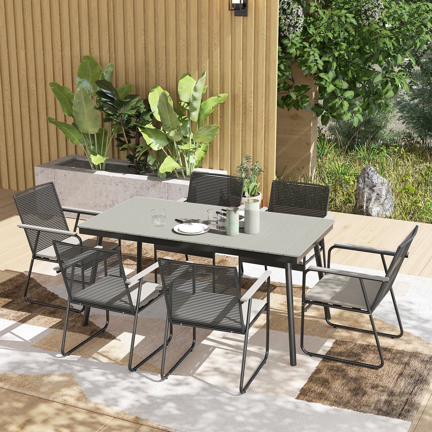 6 Seater Garden Dining Set with Soft Cushions, Rattan Backrest