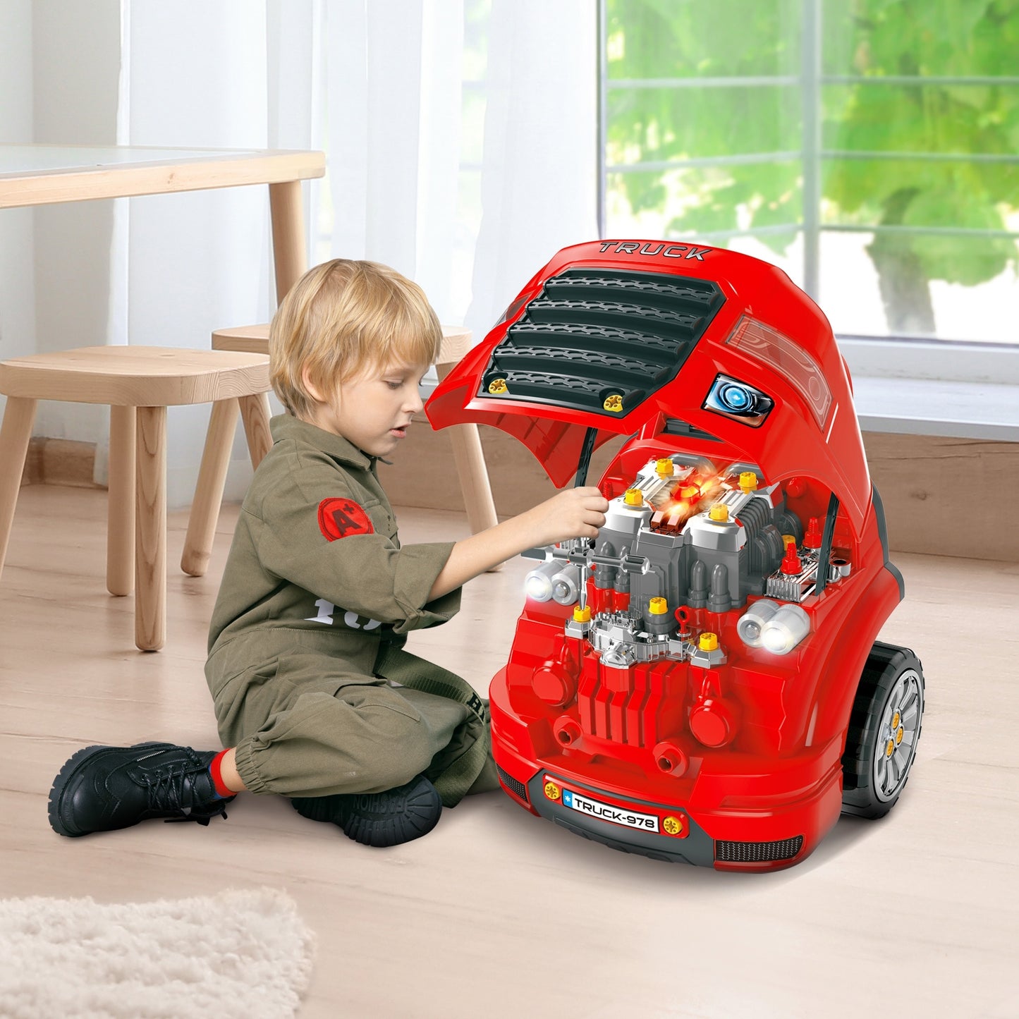 Kids Truck Engine Toy Set, Toddler Educational Car Service Station