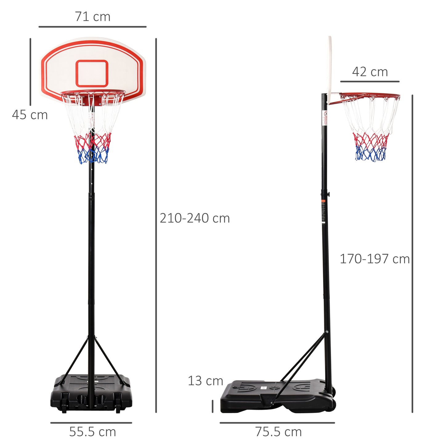 Portable Basketball Stand 170-197cm Adjustable Height Sturdy Rim