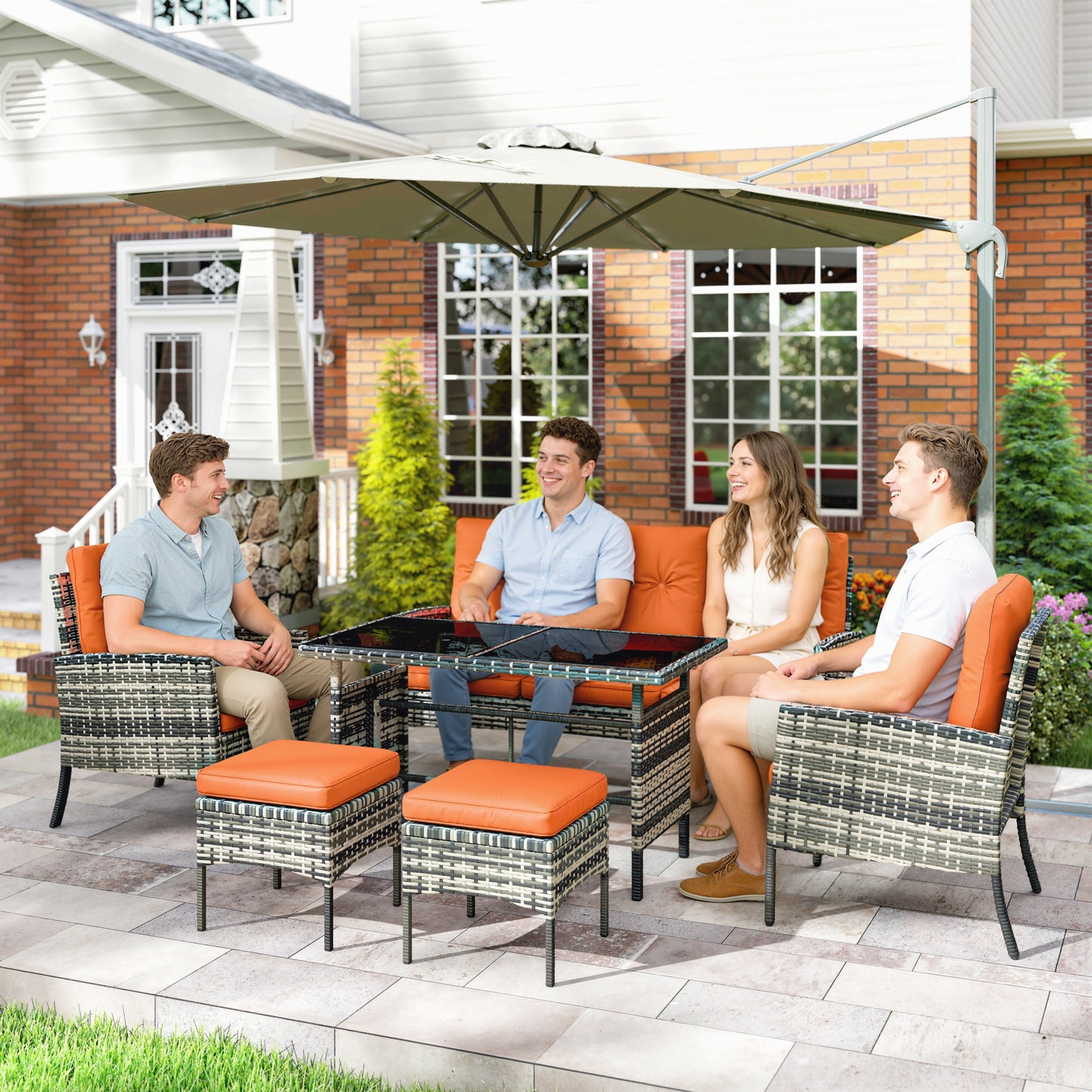 6 Pieces Rattan Garden Furniture Set with Dining Table and Cushions