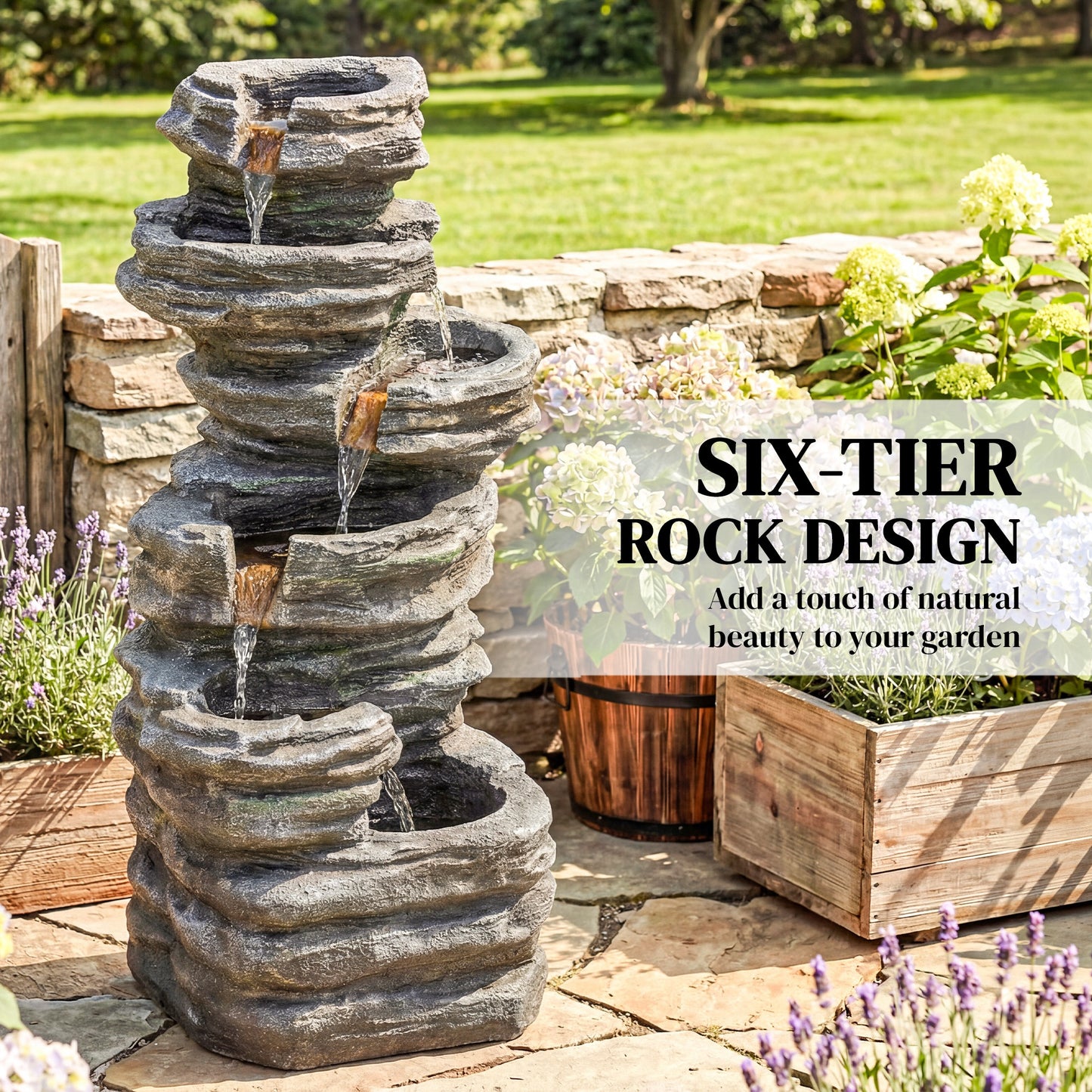 Outdoor Fountain, 6-Tier Cascading Waterfall Feature with LED Lights