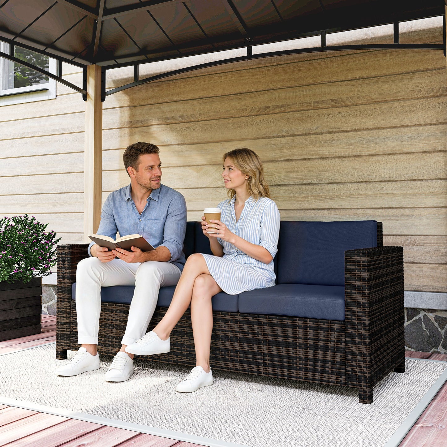 3 Seater Rattan Sofa All-Weather Wicker Weave Metal Frame Chair (1)