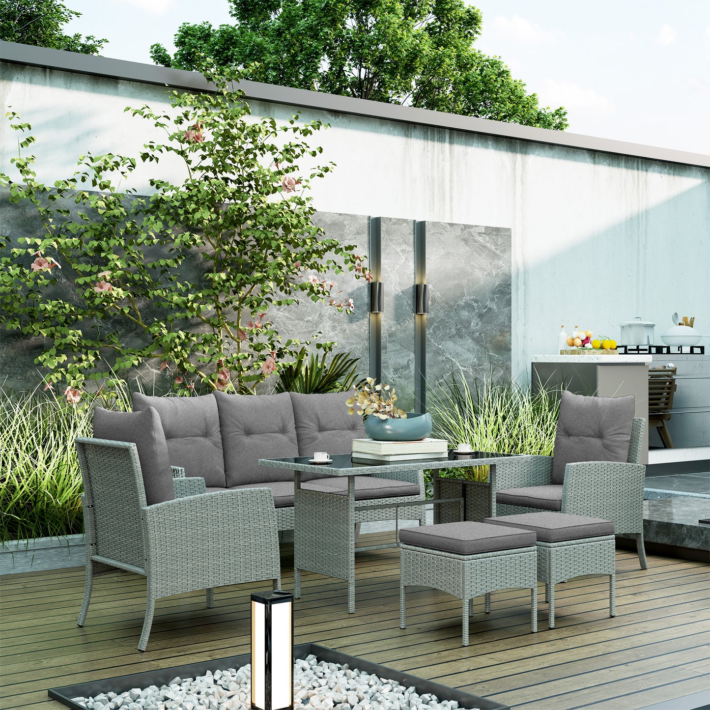 5 Seater Rattan Garden Furniture Set, 6 Piece Garden Sofa Set