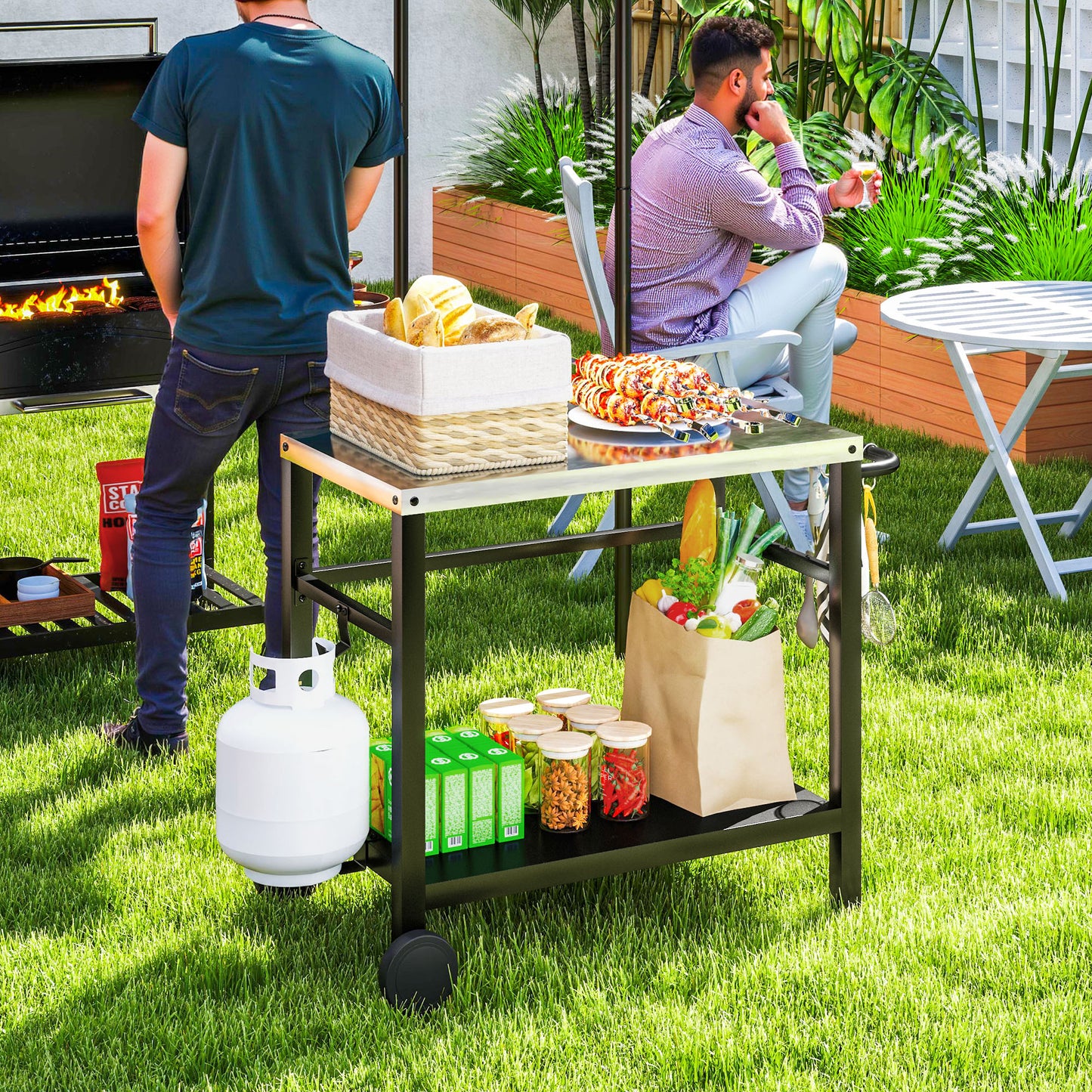 Outdoor Grill Dining Cart 2-Shelf Movable Pizza Oven Table Stand