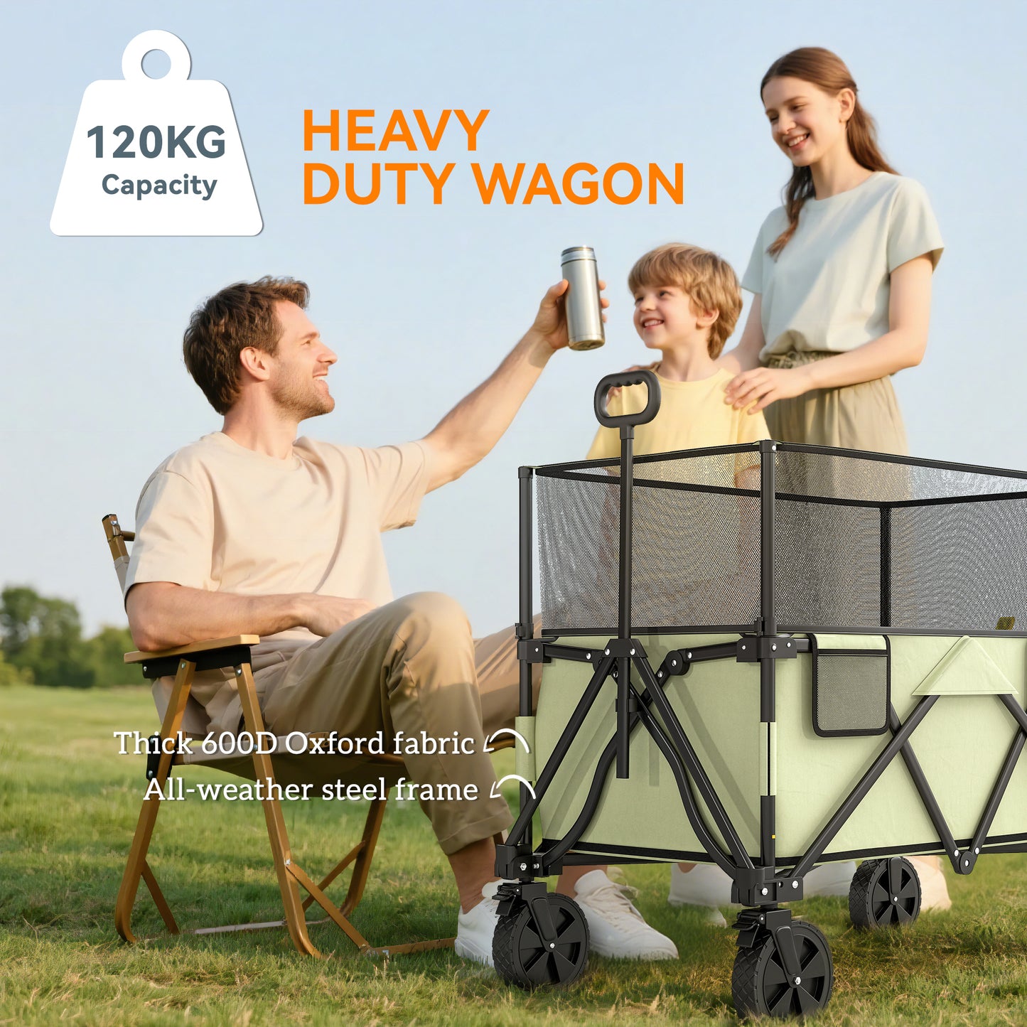 Folding Garden Trolley, 180L Wagon Cart with Extendable Side Walls