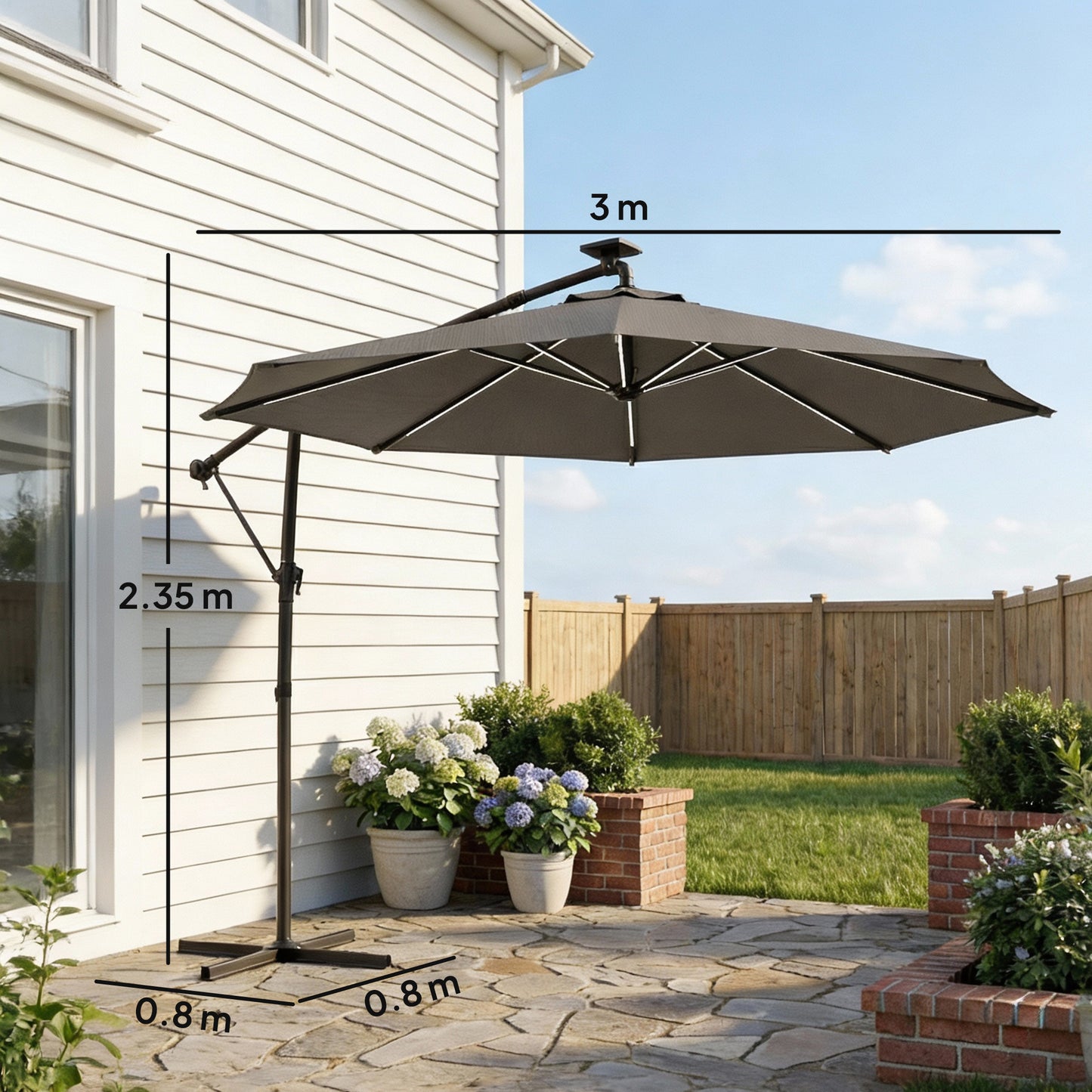 3 m Garden Cantilever Parasol with LED Solar Light