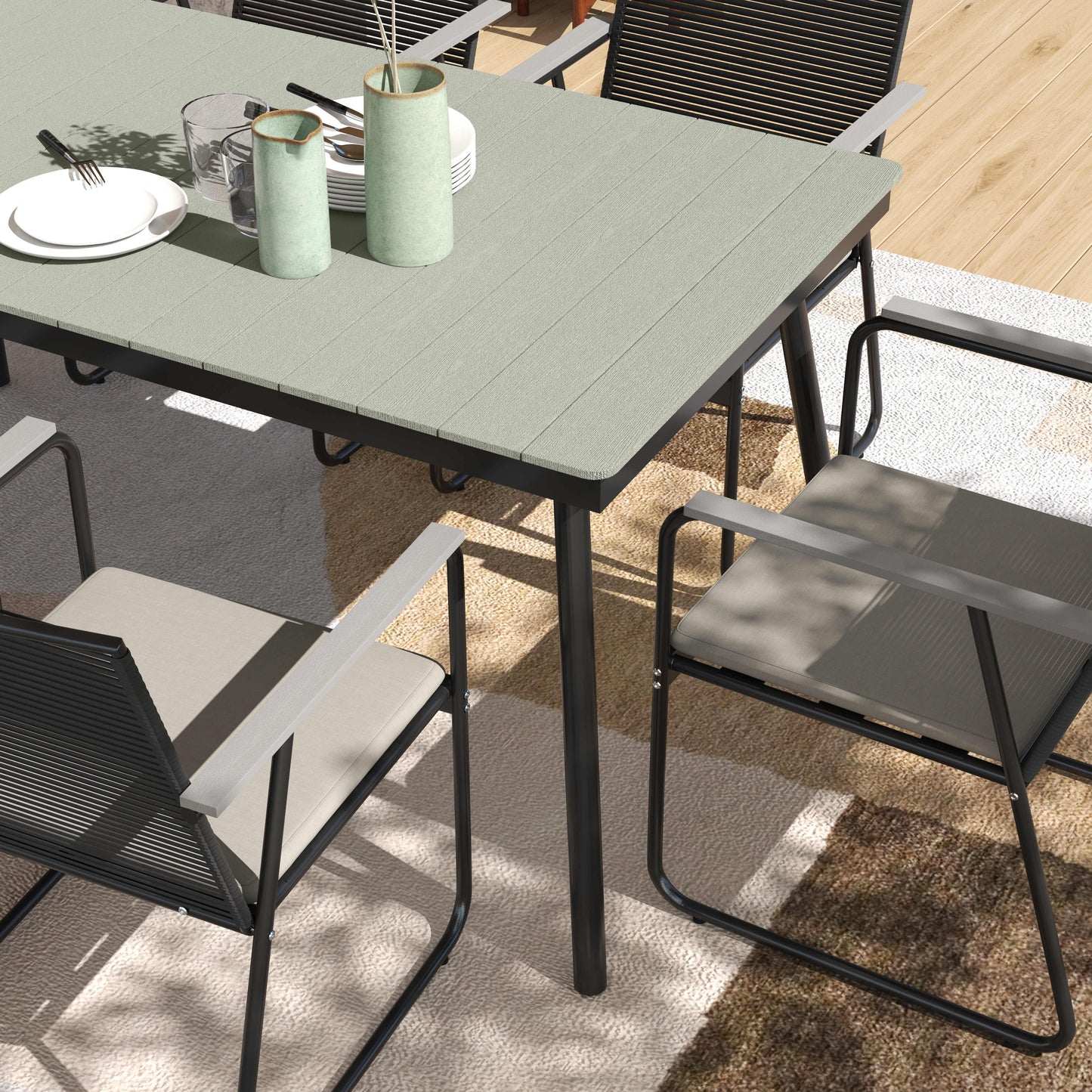 6 Seater Garden Dining Set with Soft Cushions, Rattan Backrest