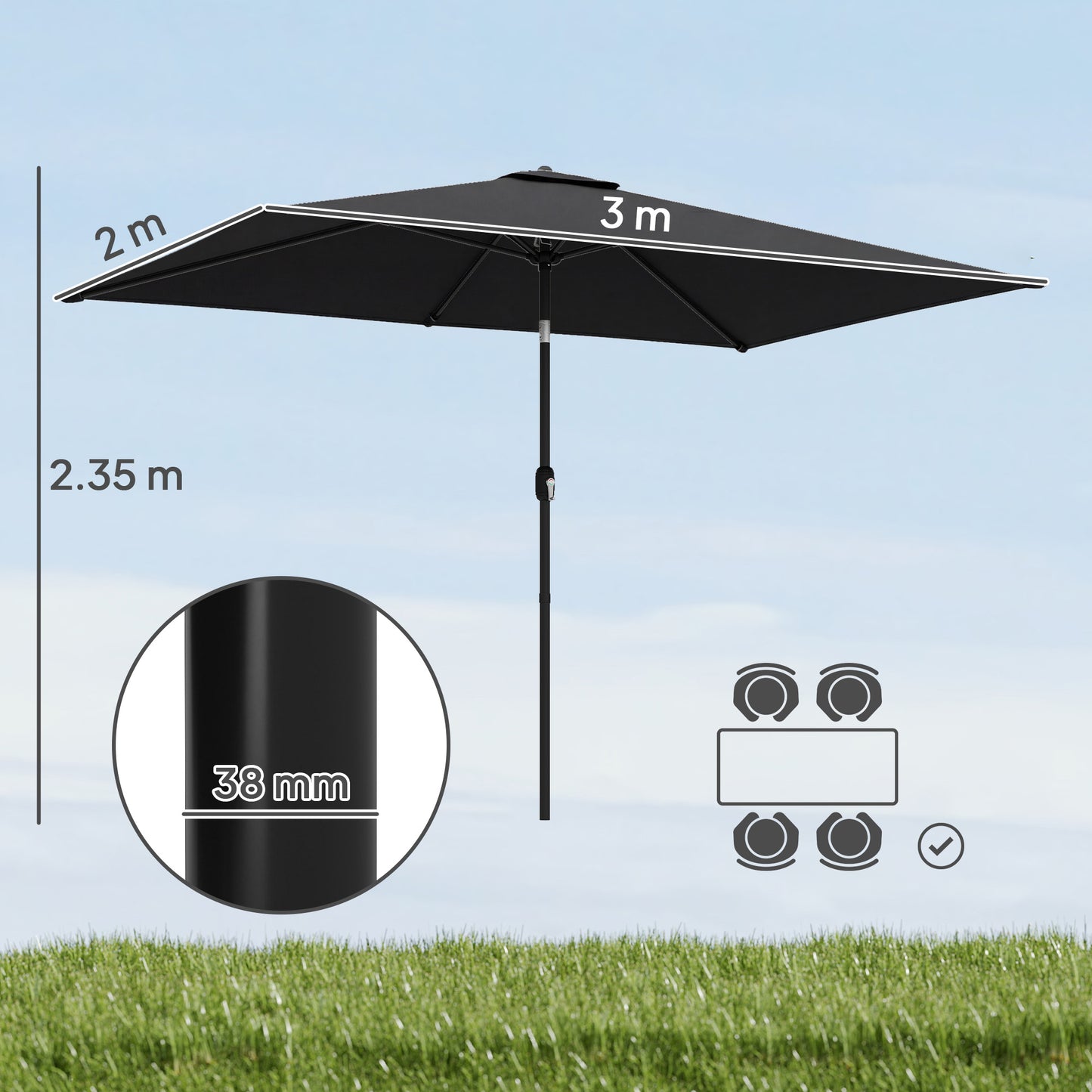 Garden Parasol, Parasol Umbrella with Crank Handle, Tilt Function