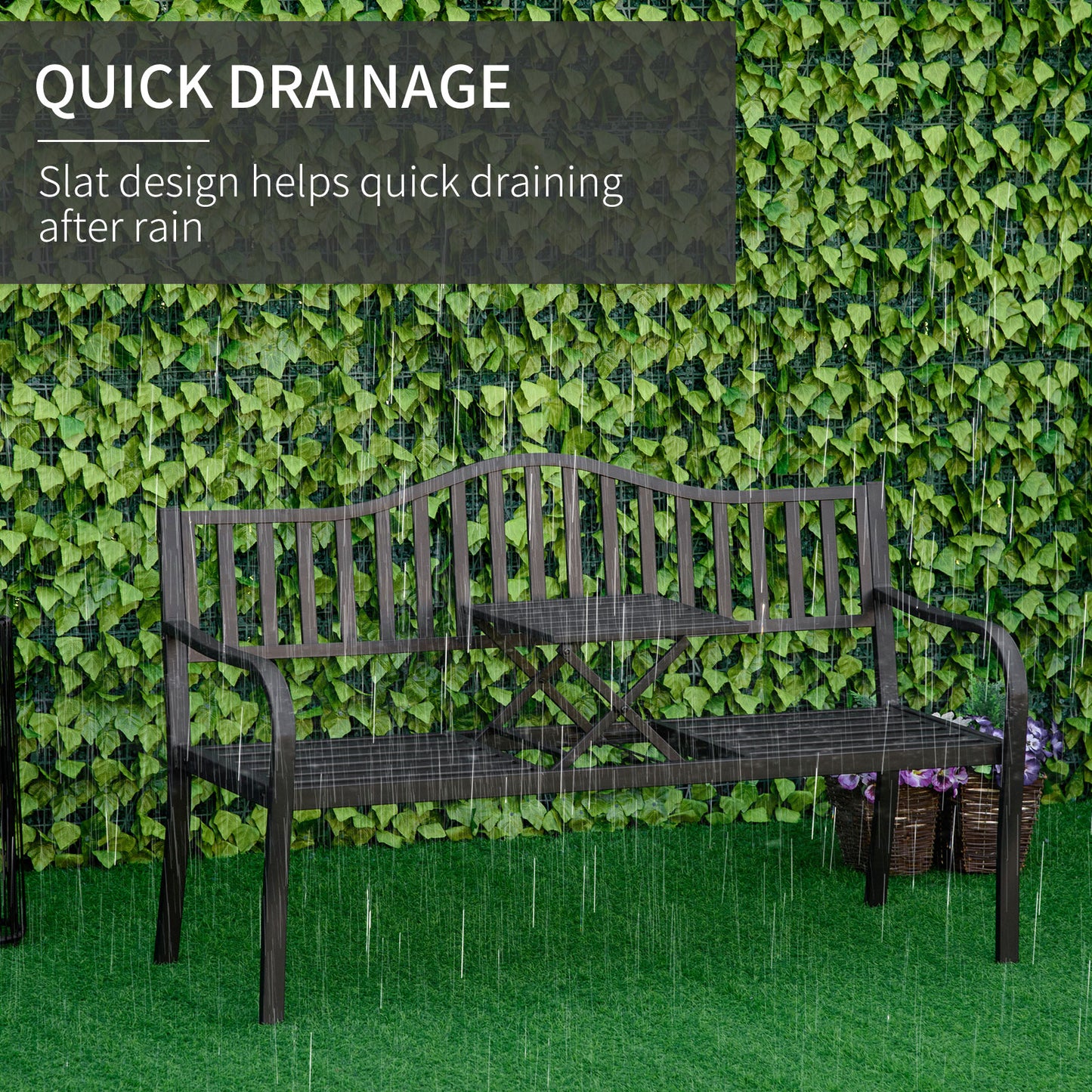Metal Outdoor Bench with Liftable Middle Table, Patio Loveseat