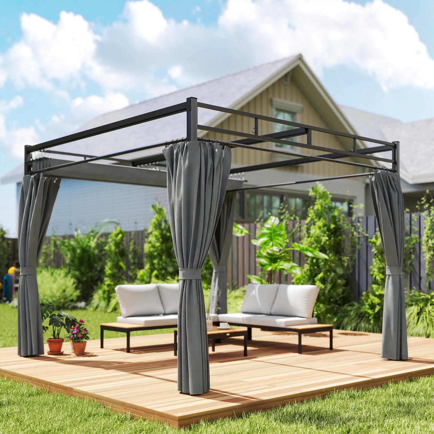 3 x 3 m Pergola with Retractable Roof Canopy and Curtains