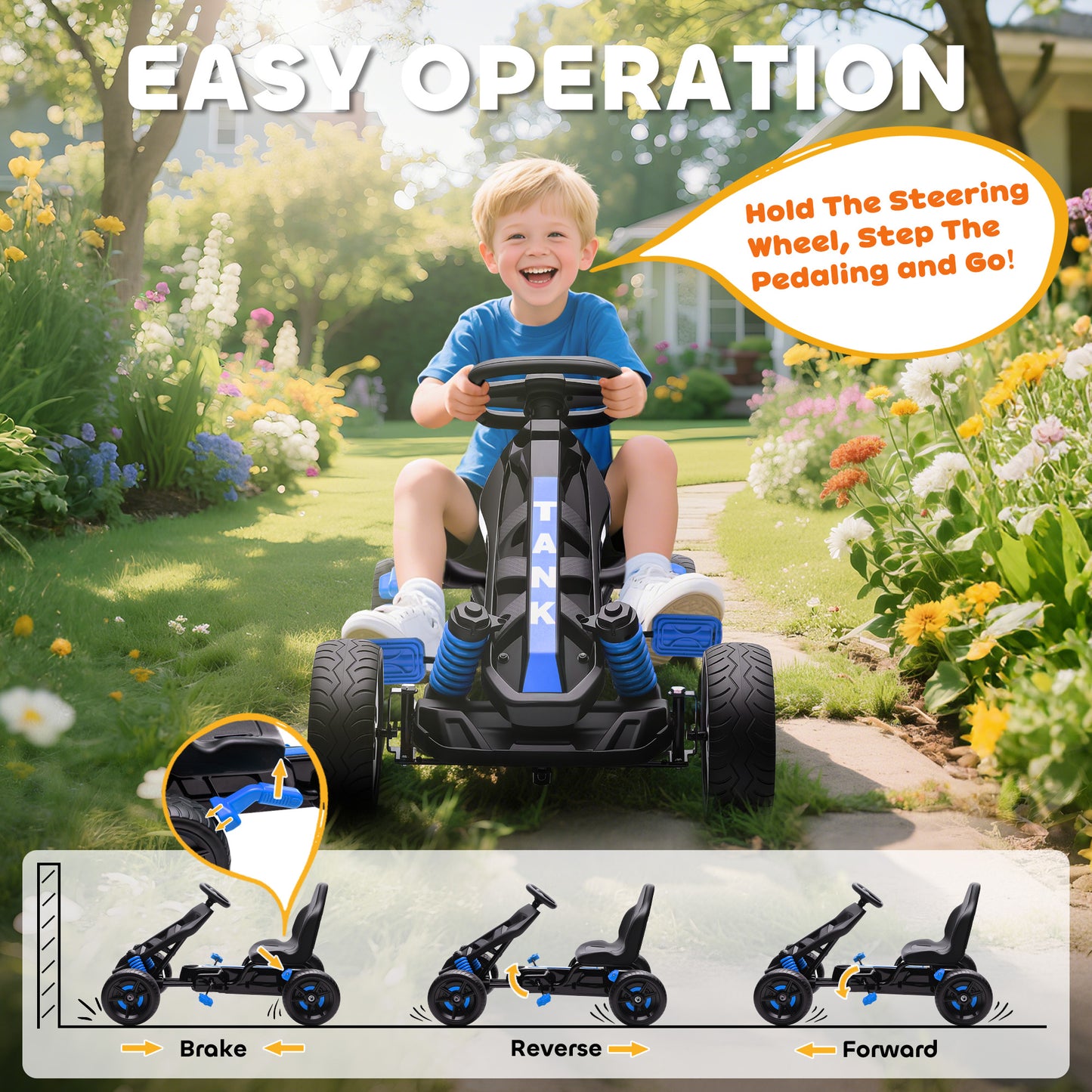Pedal Go Kart for Kids Aged 3-6 Years, with Freewheel System, Brake