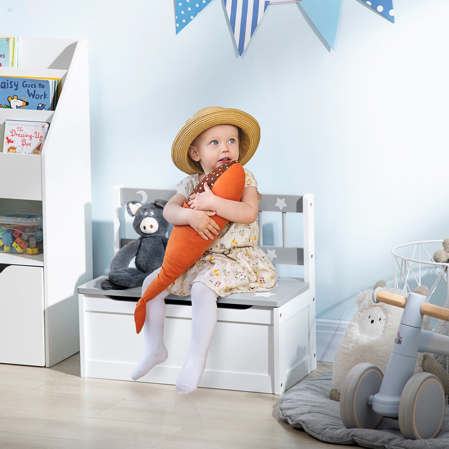 2 In 1 Kids Storage Bench, Toy Box w/ Safety Rod
