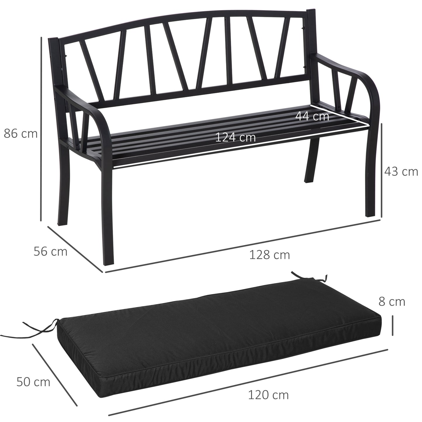 2-Seater Garden Bench with Cushion, Metal Loveseat