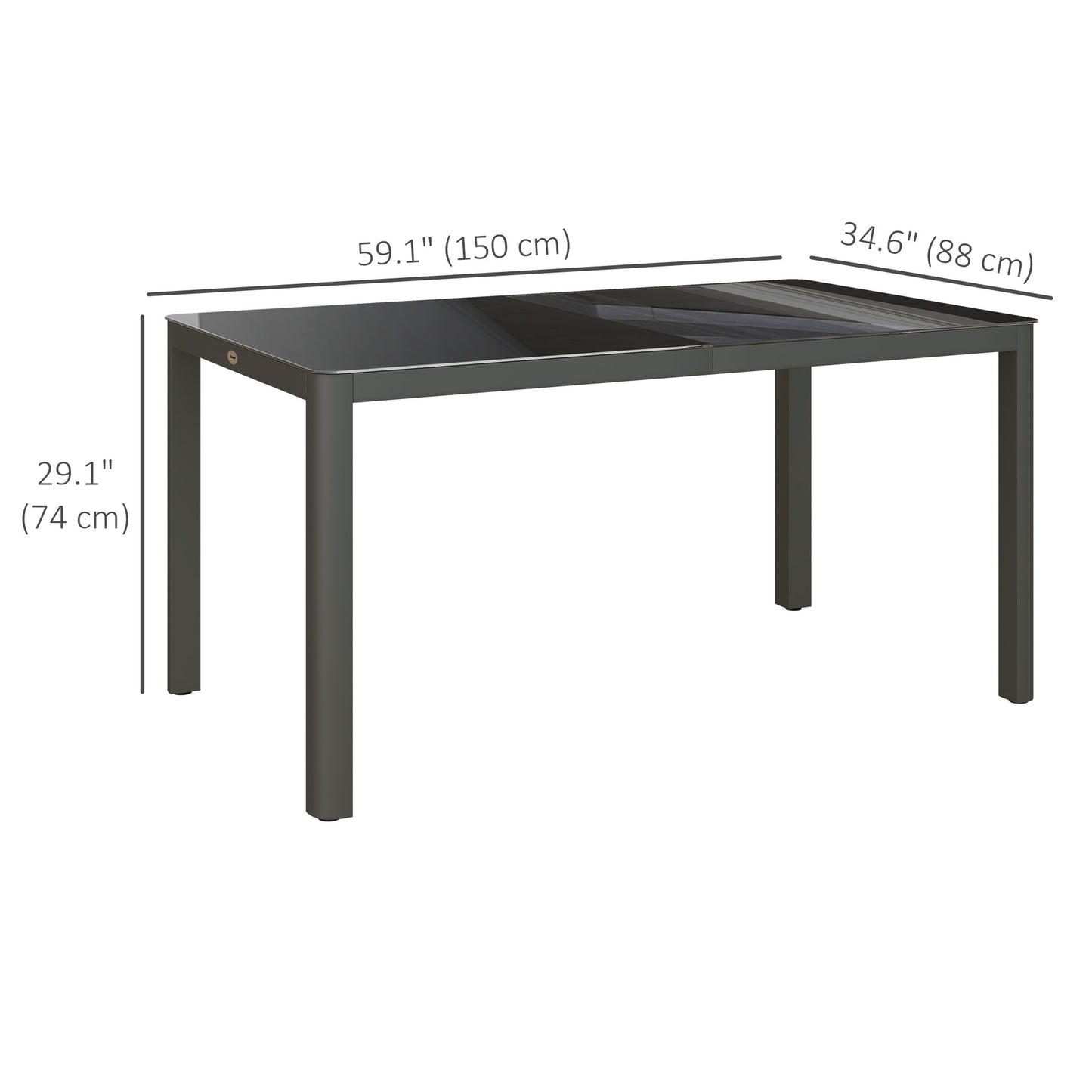 150cm x 88cm Aluminium Table, with Glass Tabletop