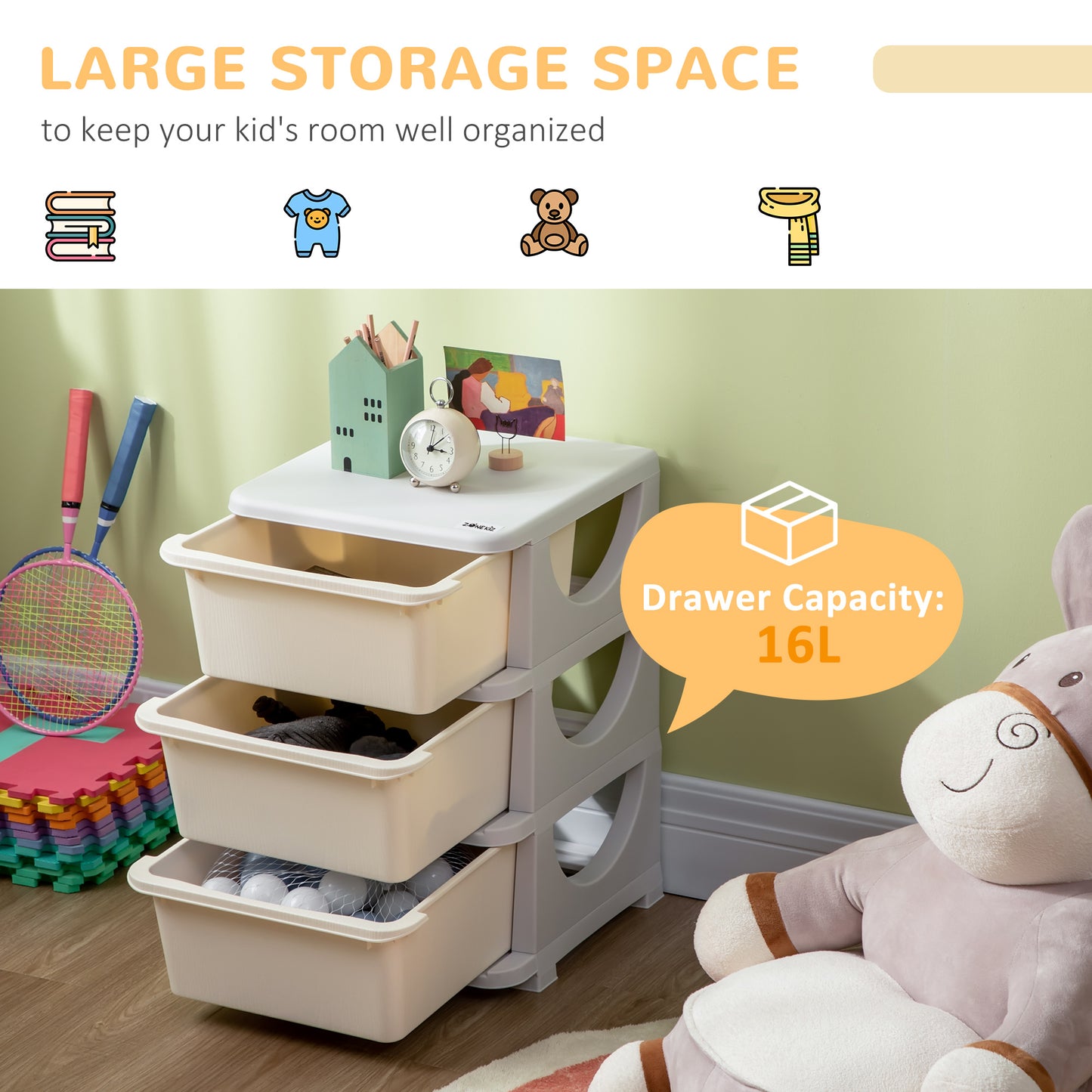 Three-Tier Kids Storage Boxes, with Three Drawers