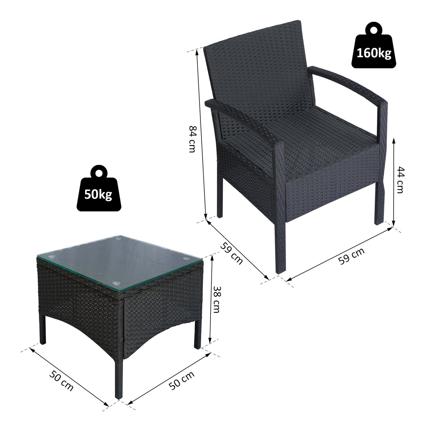 2 Seater Rattan Bistro Set, Steel