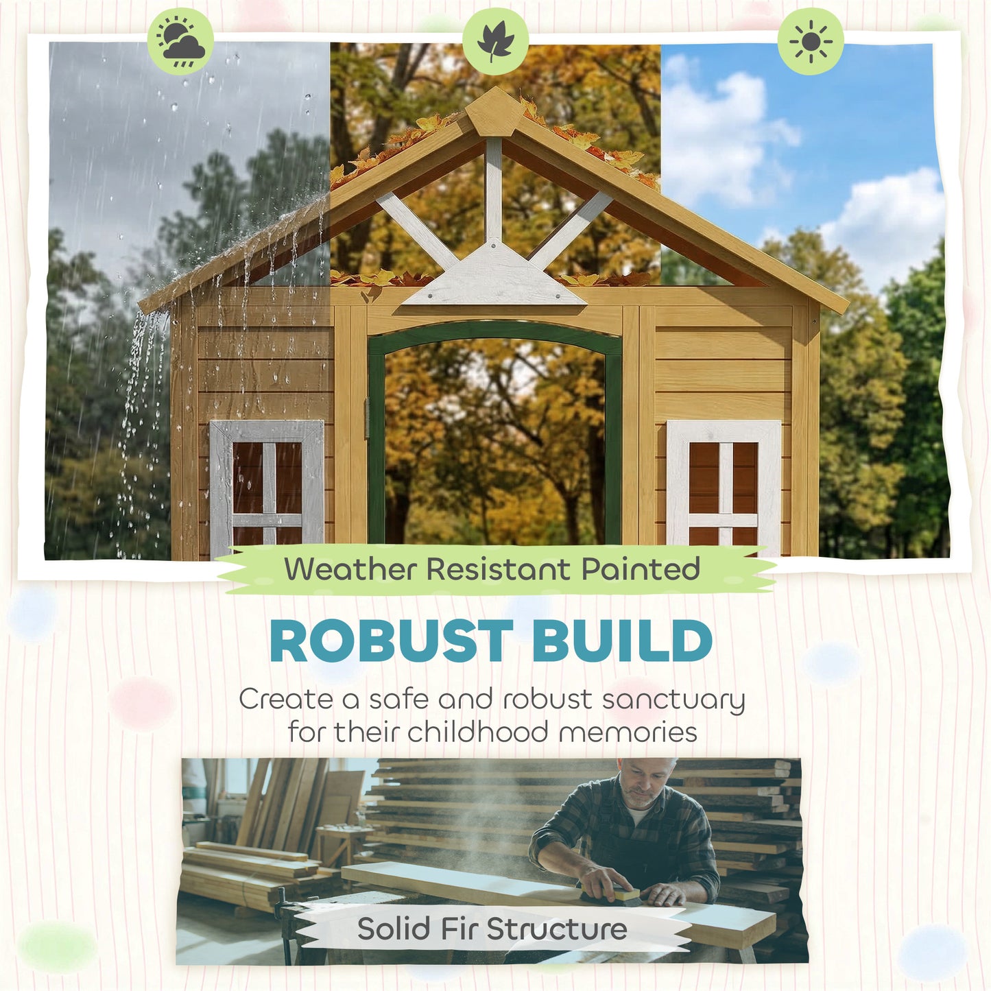 Outdoor Kids Playhouse, Wooden Wendy House with Door, 3 Windows