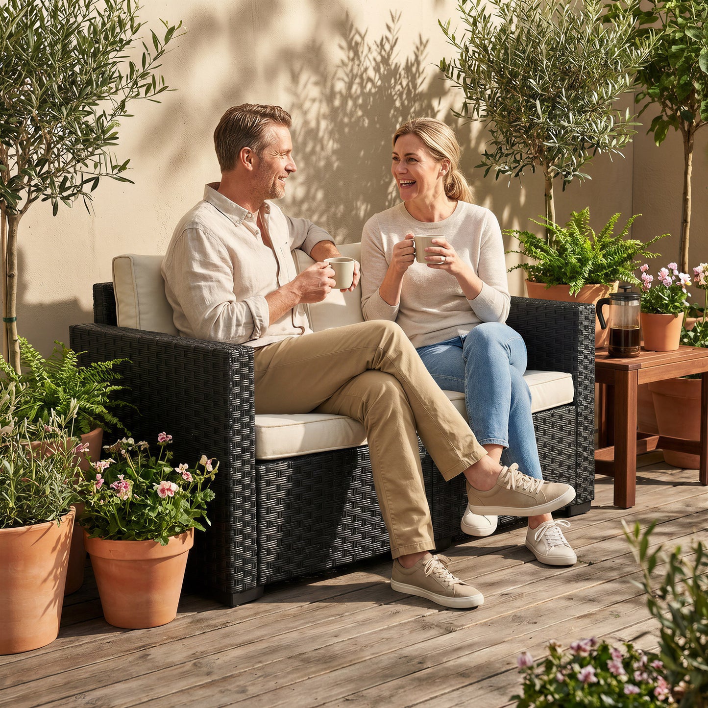 2 Seater Rattan Sofa, Outdoor Garden Sofa with Deep Seat, Cushions