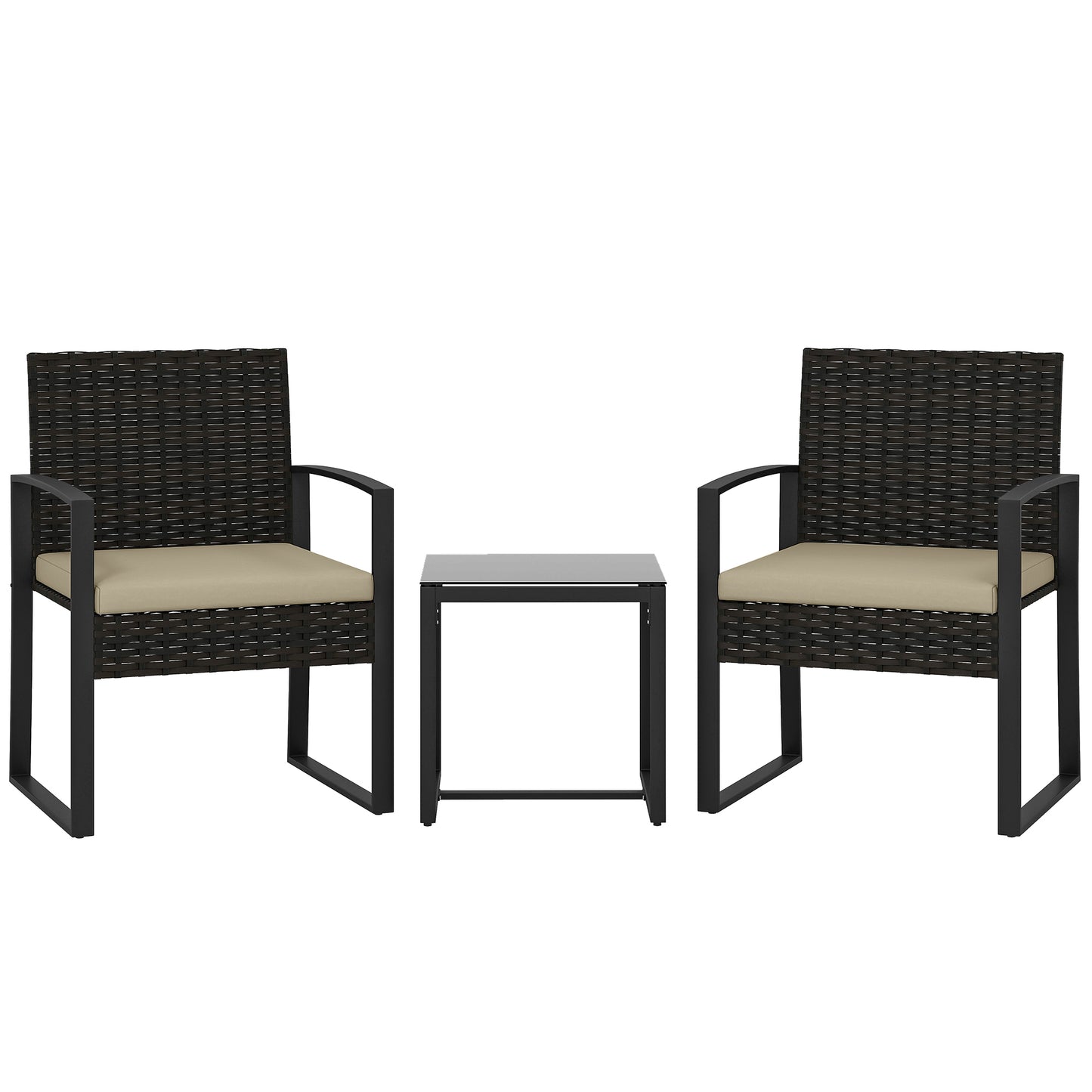 Rattan Bistro Set, 3 Piece Garden Furniture Set with Glass Top Table