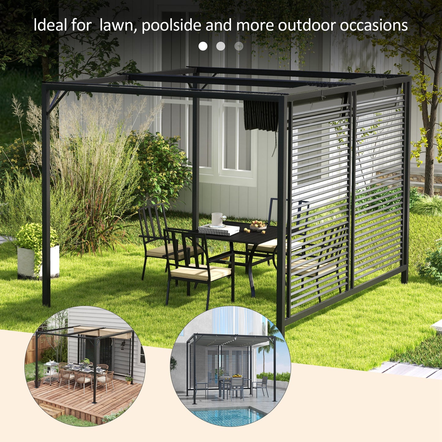 3 x 2.8m Metal Pergola, with Retractable Fabric Roof