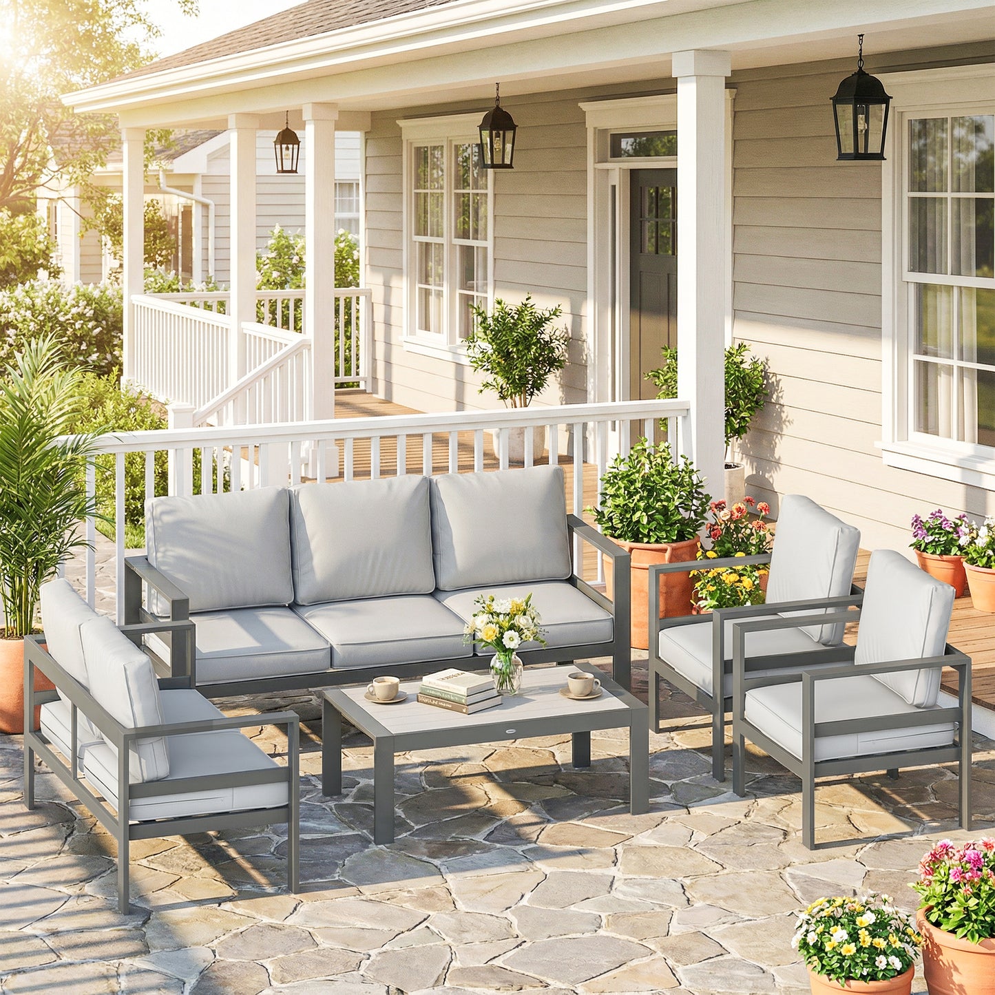 5 Pieces Aluminium Garden Furniture Set with Olefin Cushions