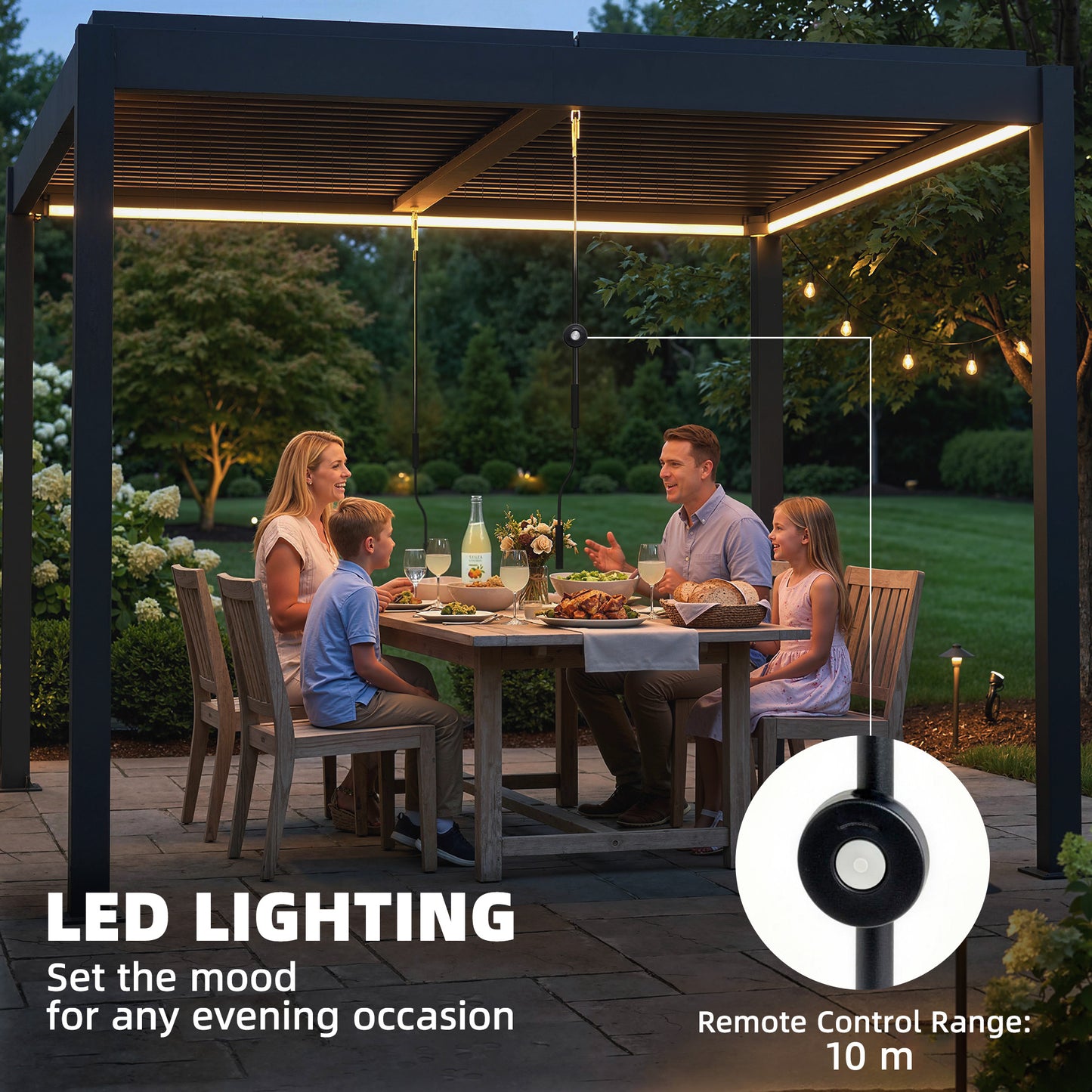 3 x 3 m Louvered Pergola with LED Lights, Metal Louvres