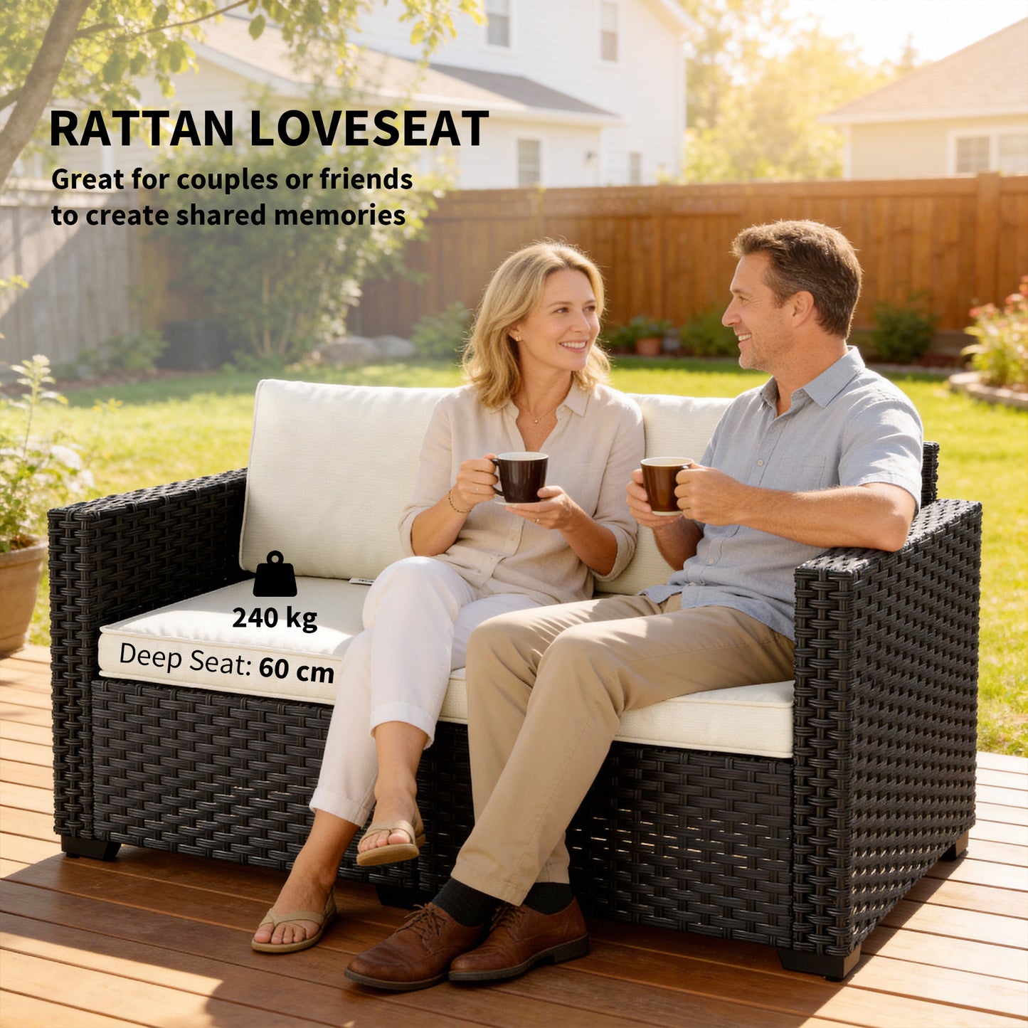 2 Seater Rattan Sofa, Outdoor Garden Sofa with Deep Seat, Cushions