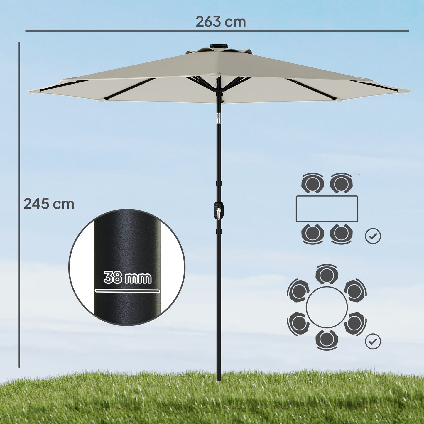 2.6 m Garden Parasol Umbrella with LED Solar Light, Parasol Cover