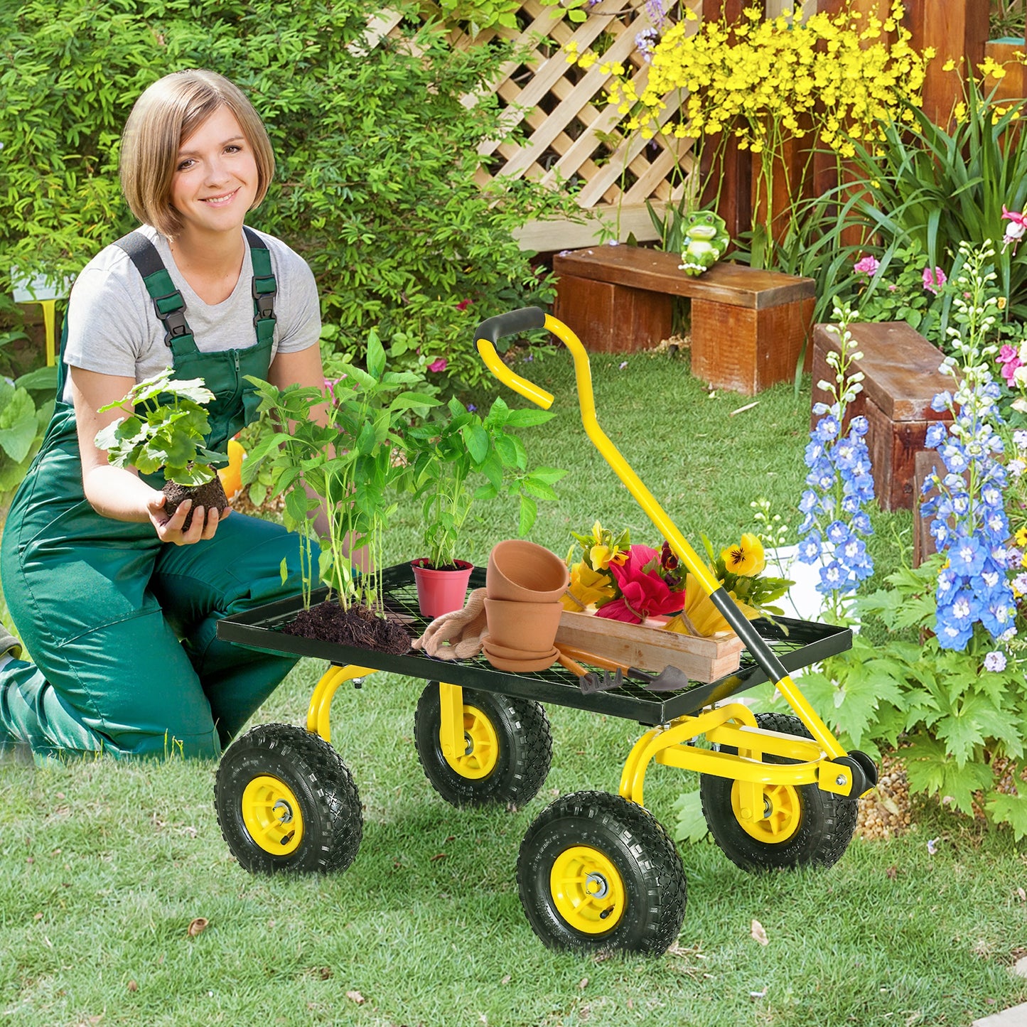 Garden Trolley Cart, Heavy Duty Garden Cart with Metal Frame