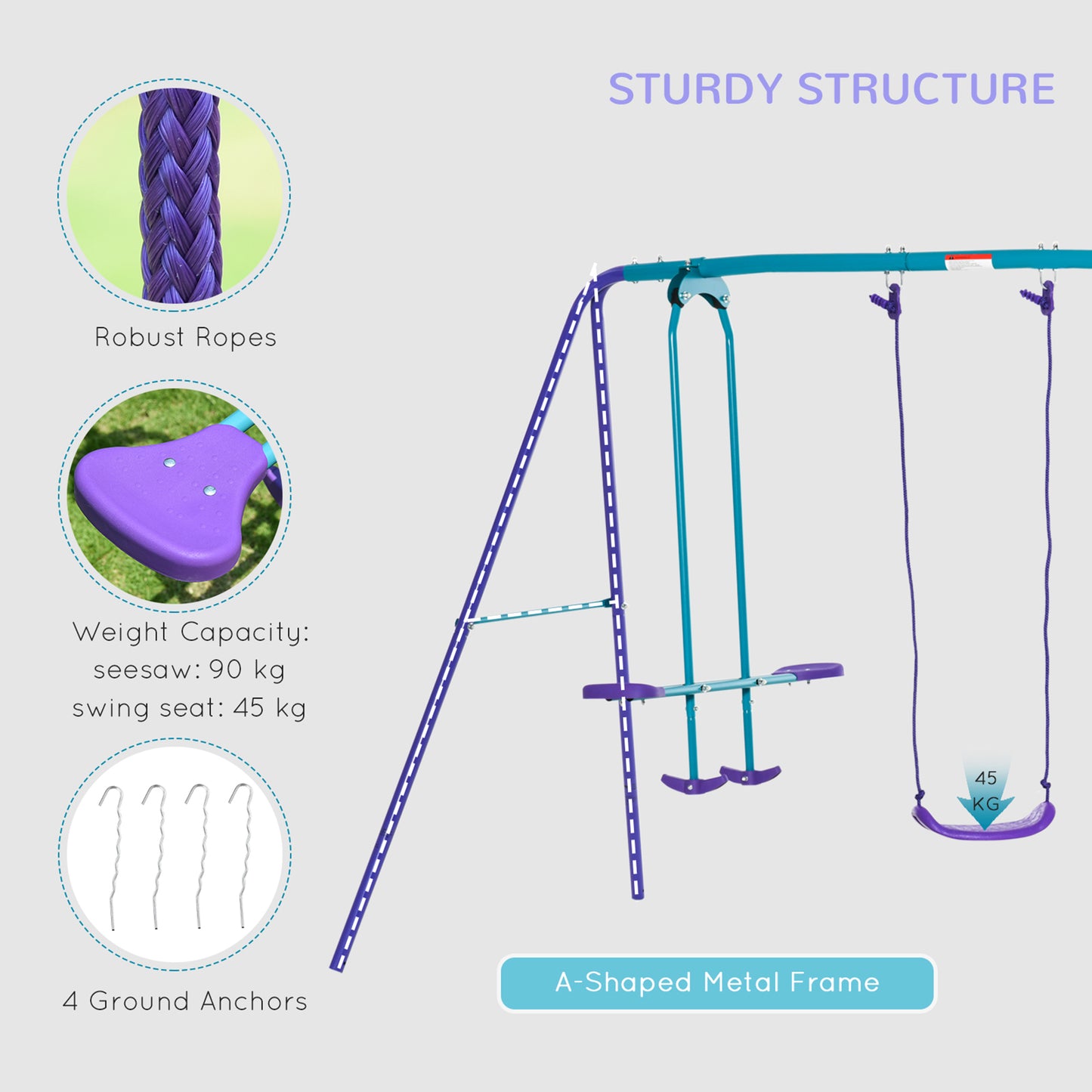 Metal Swing Set, with Seesaw, Adjustable Height, for Ages 3+ Years
