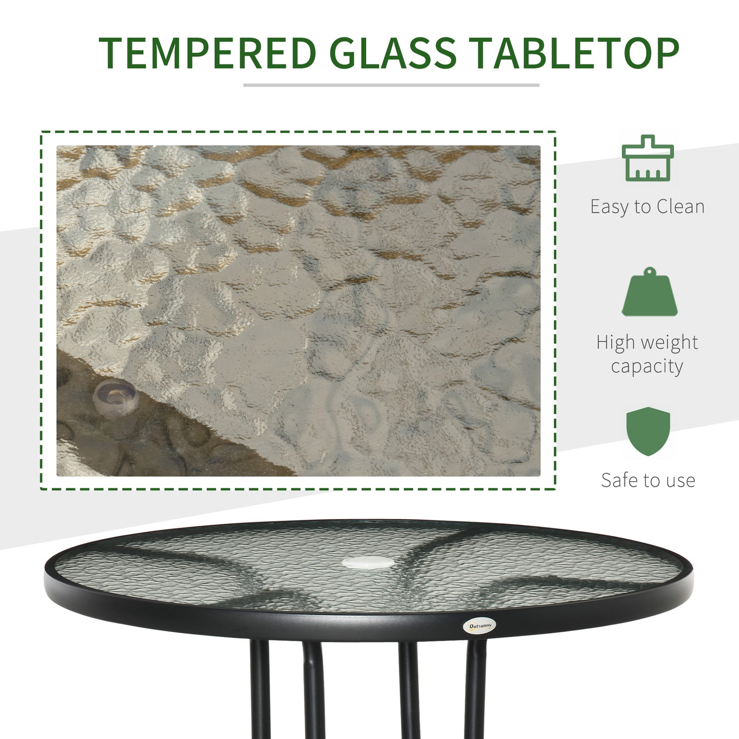 Outdoor φ80cm Round Dining Table Tempered Glass Top Steel Frame