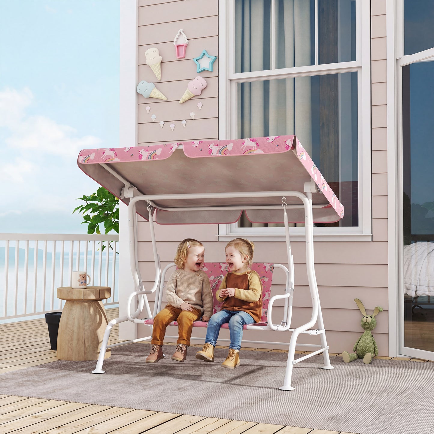 Kids Porch Swing, 2-Seater Patio Swing Bench Hammock with Seat Belts