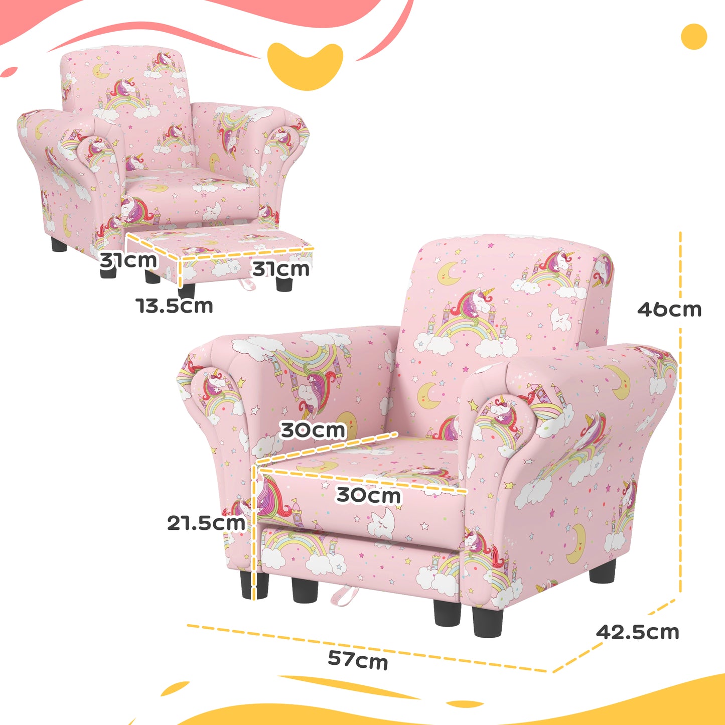 2 Piece Kids Sofa Set with Unicorn Design, Wooden Frame