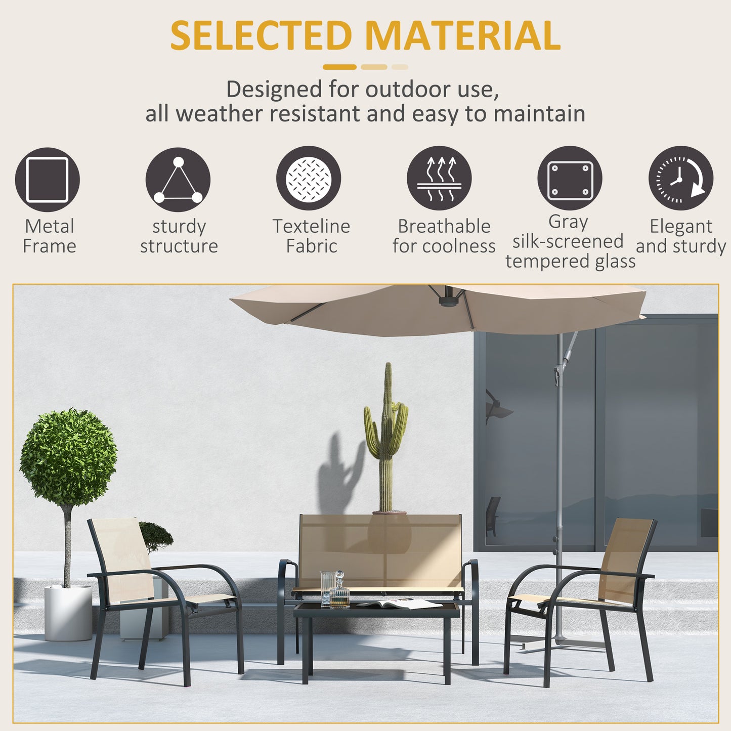 Four-Piece Curved Steel Garden Dining Set  - Beige/Grey