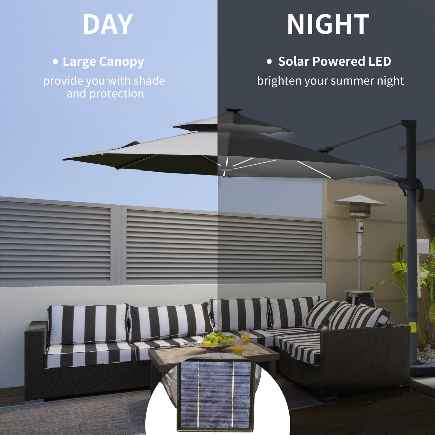 3m Cantilever Parasol w/ Solar Lights Power Bank Base 360° Spin