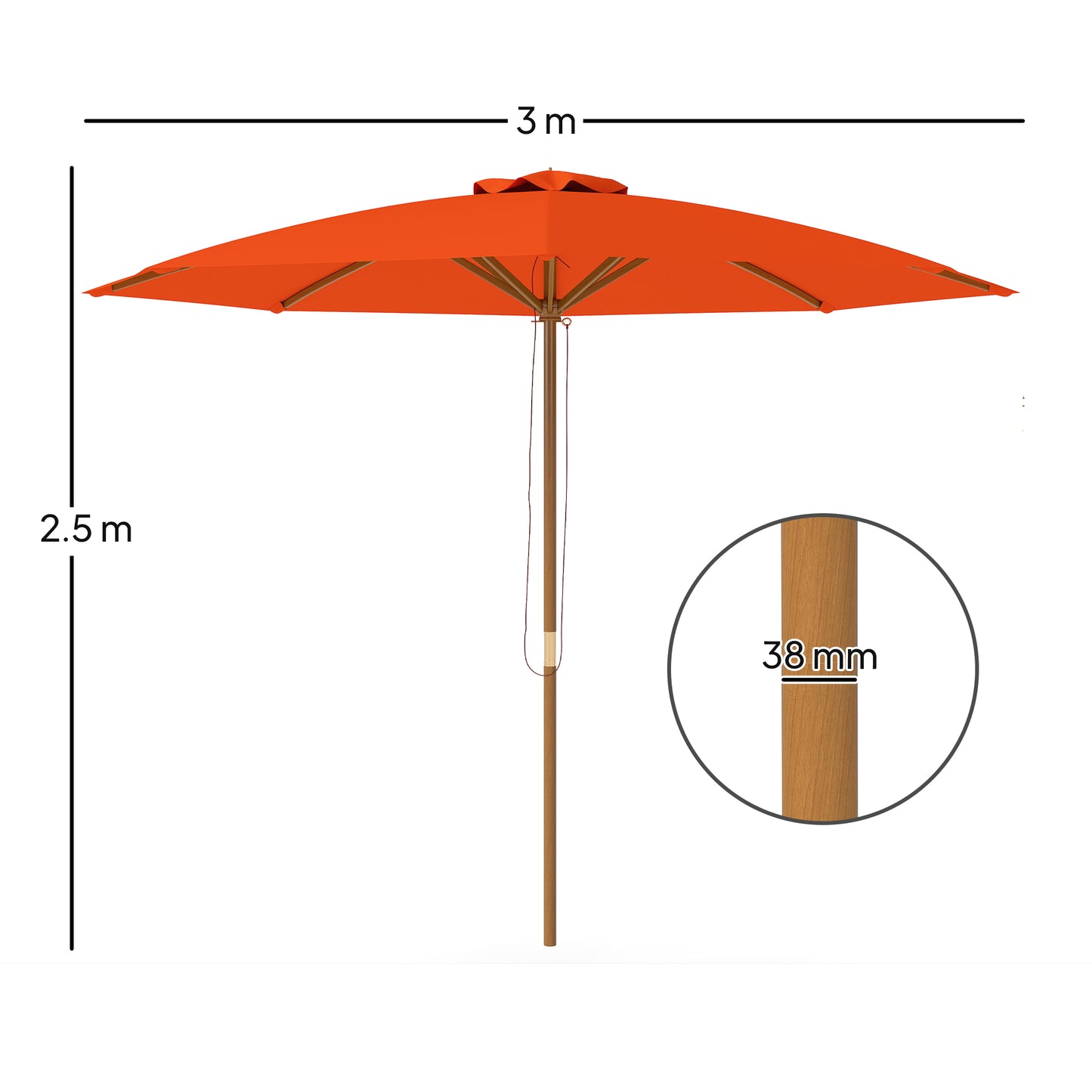 3m Wood Pole Parasol Umbrella