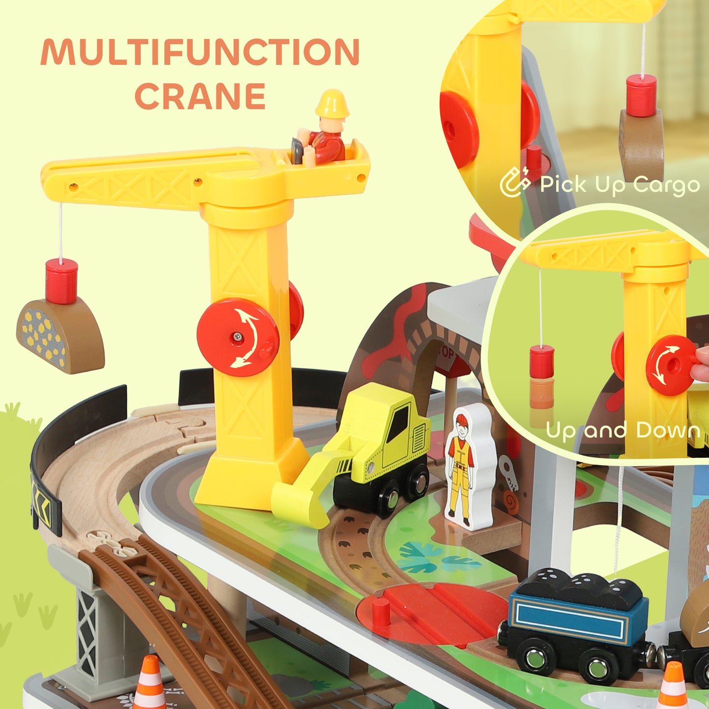 79 Piece Wooden Train Set, Kids Train Track Mine Themed with Crane