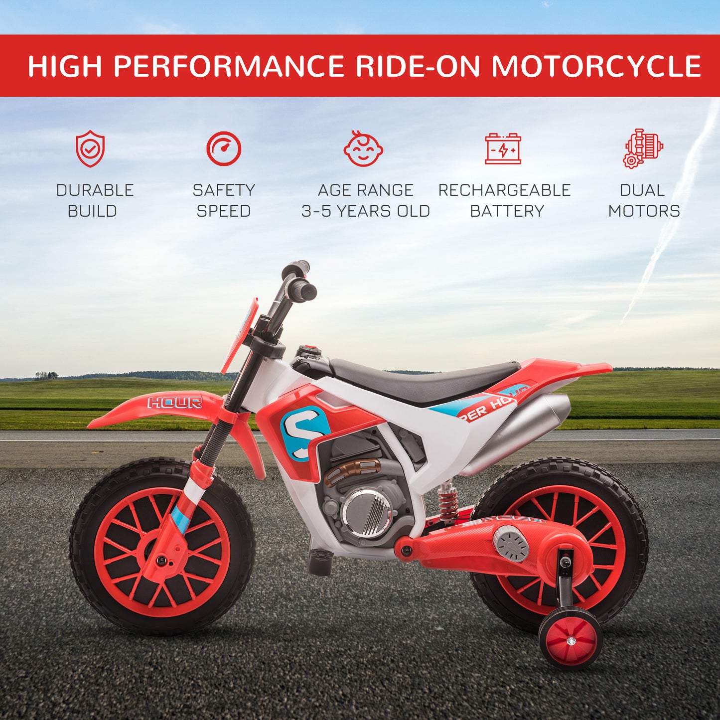 12V Kids Electric Motorcycle Ride-On, with Training Wheels