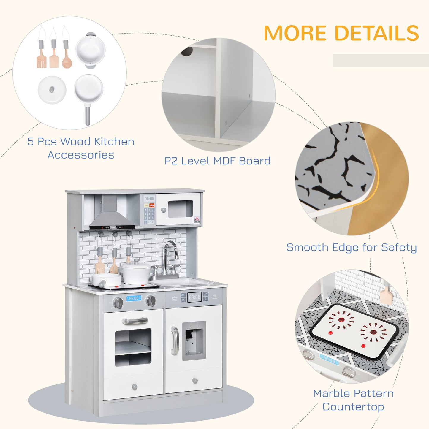 Kids Wooden Toy Kitchen Pretend Play Cooking Playset w/ Sound &