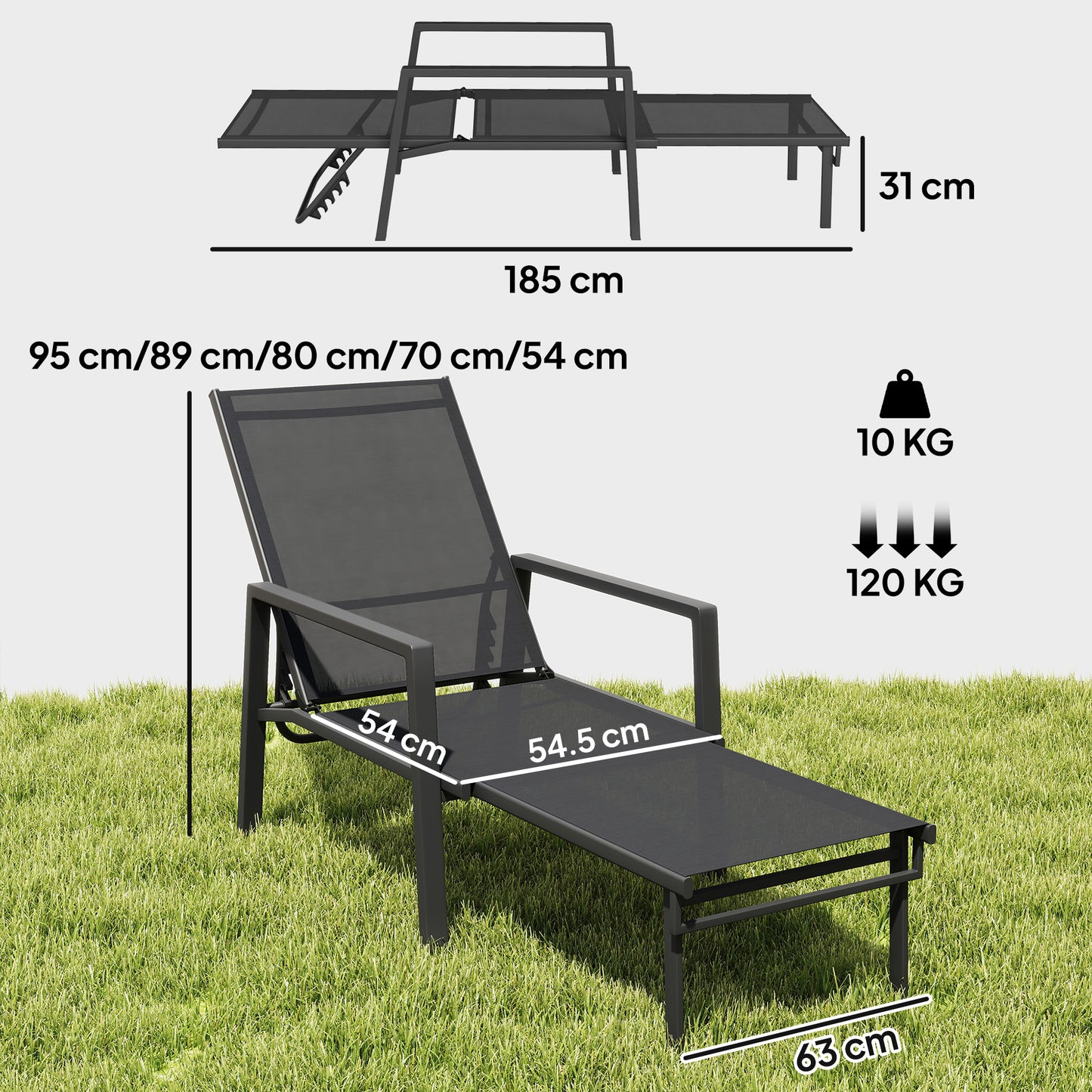 Sun Loungers Set of 2 Retractable Footrest 5-Position Adjustable