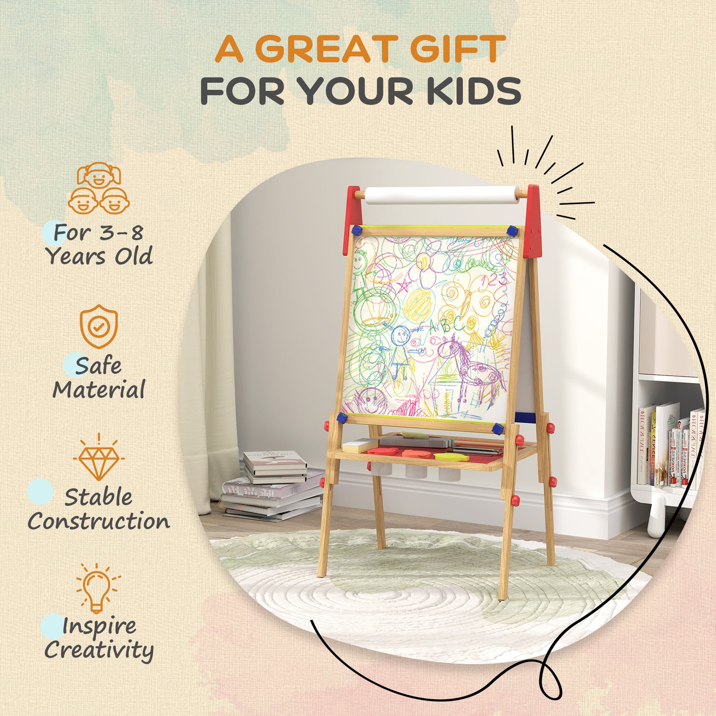 3-in-1 Wooden Kids Easel with Paper Roll, Whiteboard, Chalkboard