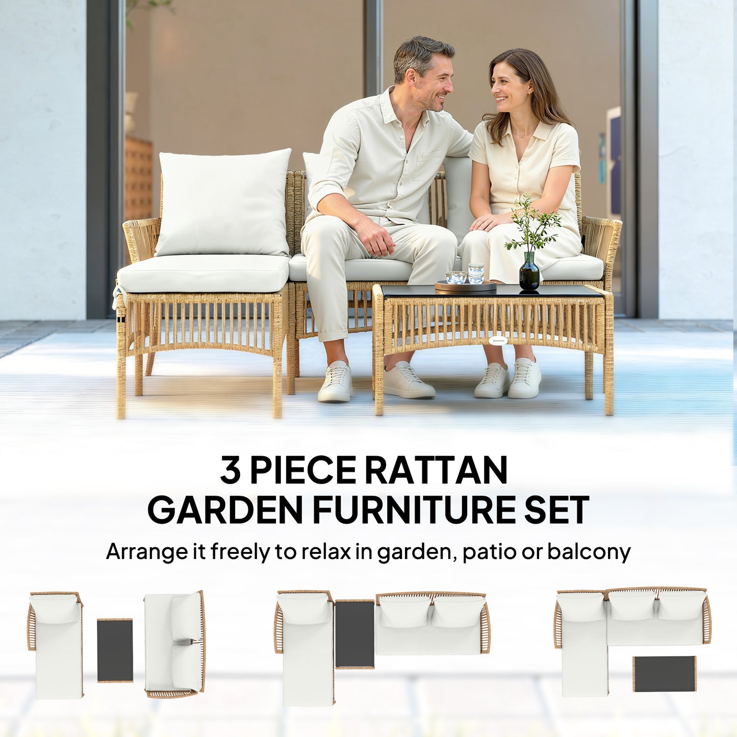 3 Piece Rattan Garden Furniture Corner Sofa Set with Chaise Lounge