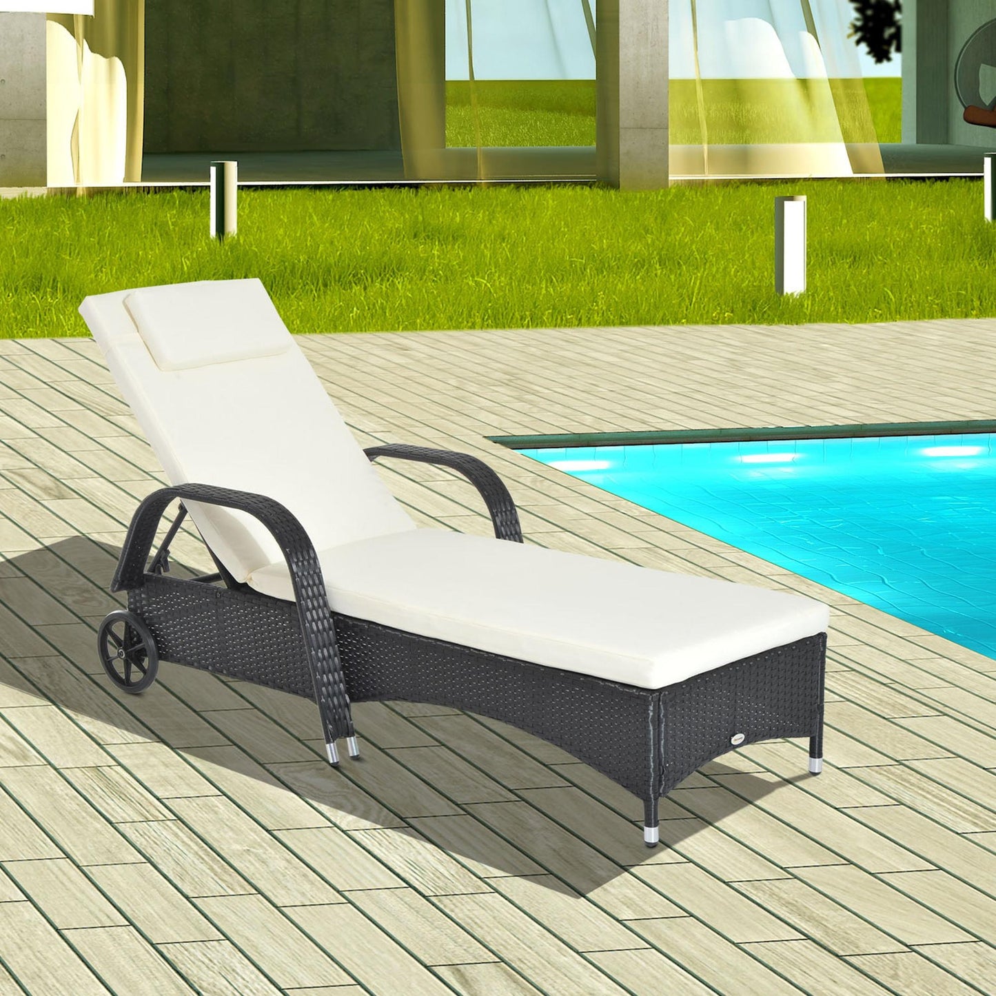 Rattan Sun Lounger, Garden Lounger Recliner with Wheels