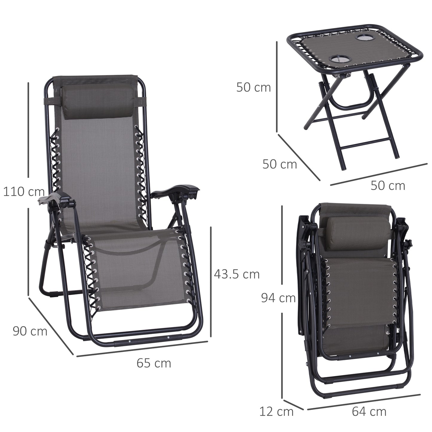 3pcs Folding Zero Gravity Chairs Sun Lounger Table Set w/ Cup