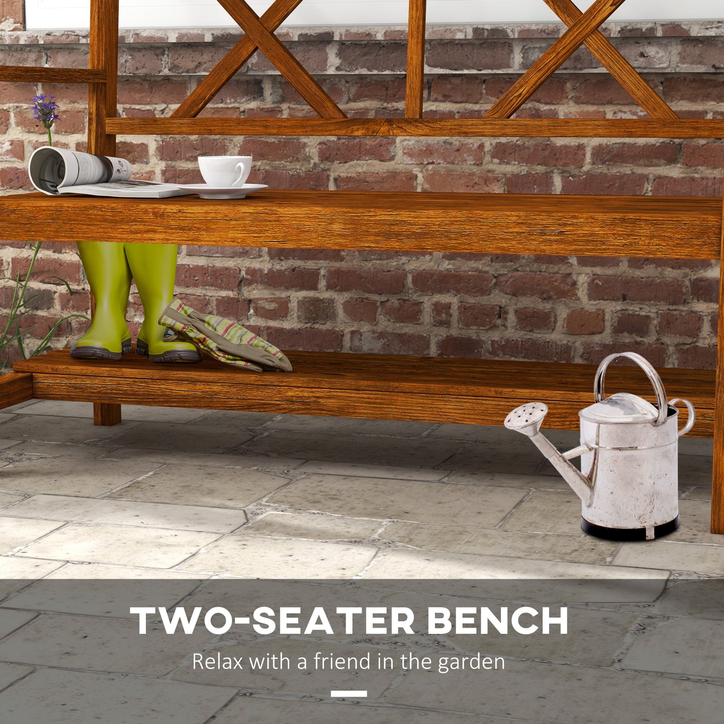 Two-Seater Fir Wood Bench, with Bottom Shelf