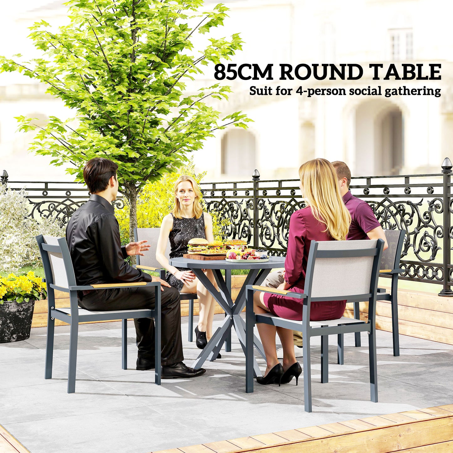 Garden Table, 85cm Round Outdoor Dining Table with Steel Frame