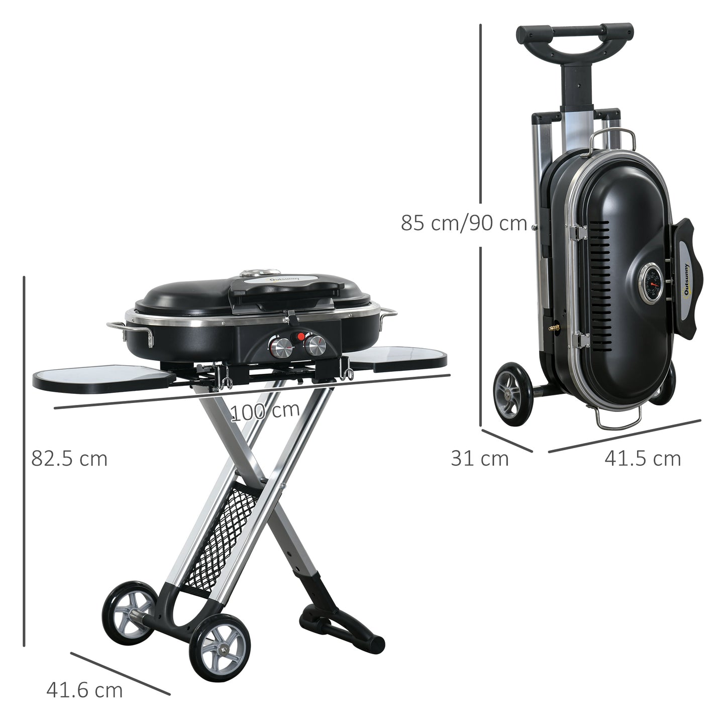 Foldable Gas BBQ Grill 2 Burner Garden Barbecue Trolley w/ Lid Side