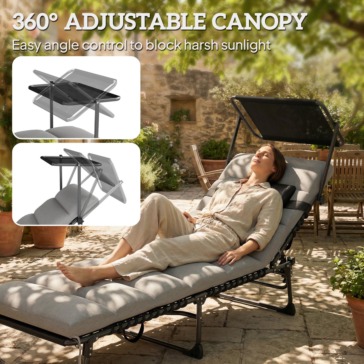 Folding Sun Lounger with Canopy, Reclining Sunbed with Cushion